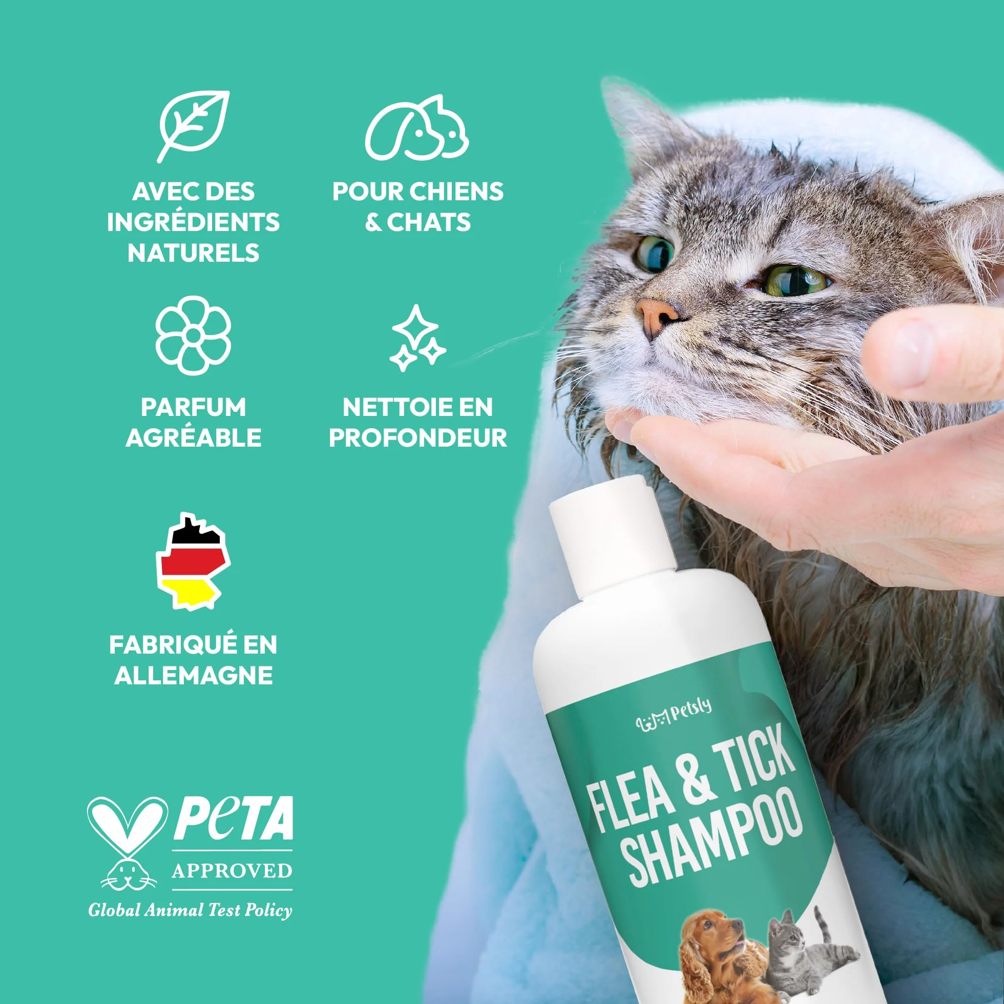 Petsly® Shampoing Anti Puces Chien Chat Chevaux -500ml- Élimine Puces & Tiques - pH Équilibré Peau Sensible, Nettoie, Apaise & Protège - Aloe Vera, Géraniol, Thé Vert, Camomile - Fabriqué en Allemagne