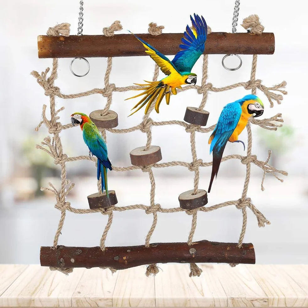 Bird Swings Hamac avec Échelle en Bois 2 Crochets Corde Tissée pour Perroquets