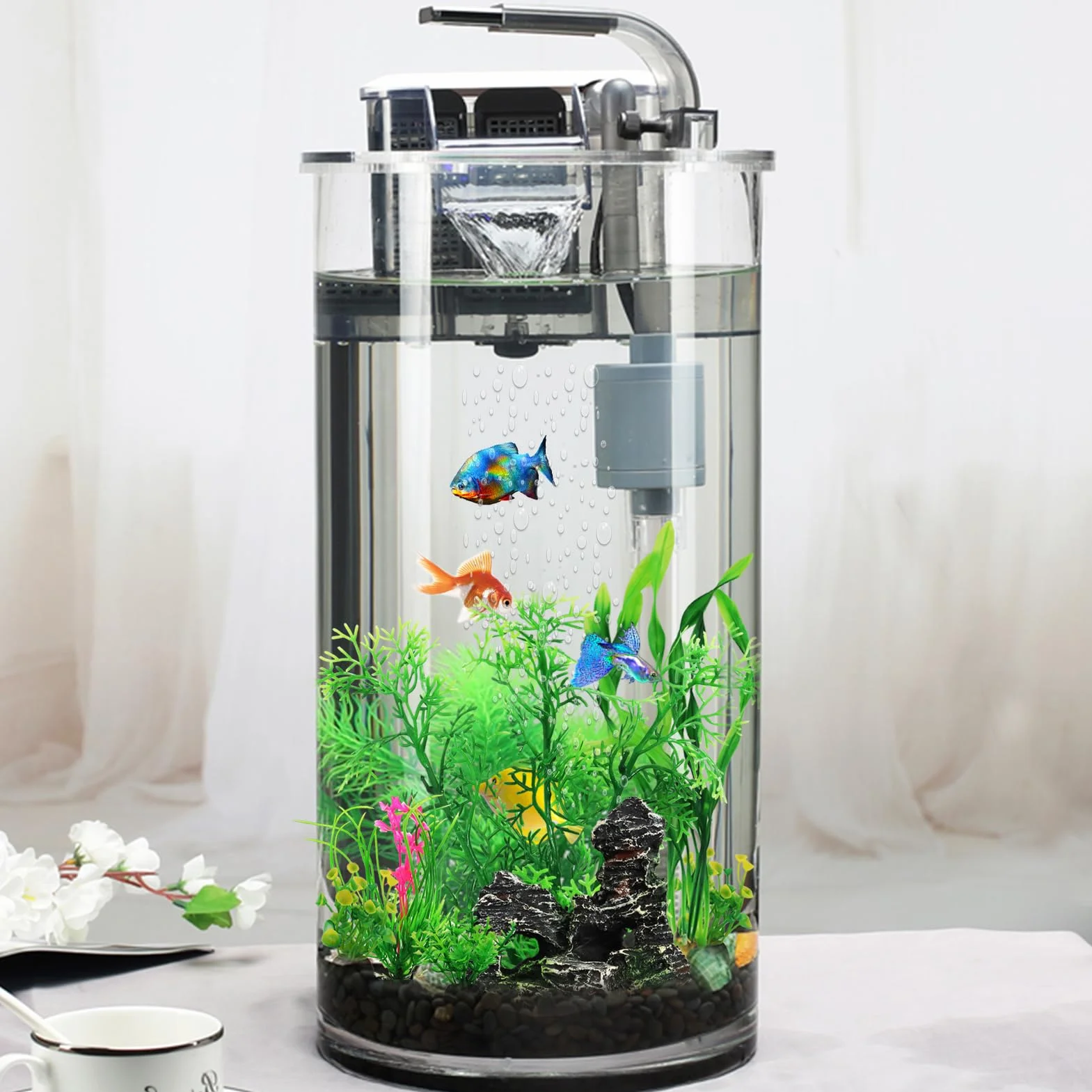 QUOZUO Vert Plantes Artificielle Aquarium Decoration Rocher Polyrésine Grotte Ornement Cachette Poissons 9 Pièces