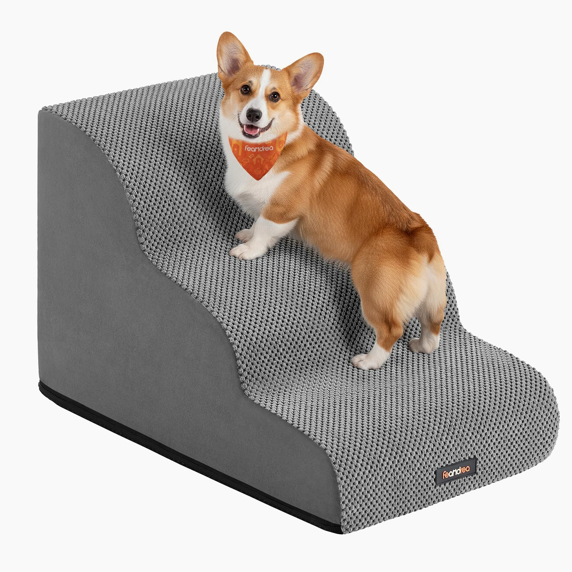 Feandrea Escalier pour Chien, à 3 Marches, Velours Gaufré, Marches pour Chien, Lit, Canapé, Imperméable, Design Antidérapant, Pente Douce, Housse Amovible Lavable, Poignée, Gris Tourterelle PPS013GD01 | Antidérapant avec faible pente, housse lavable pour