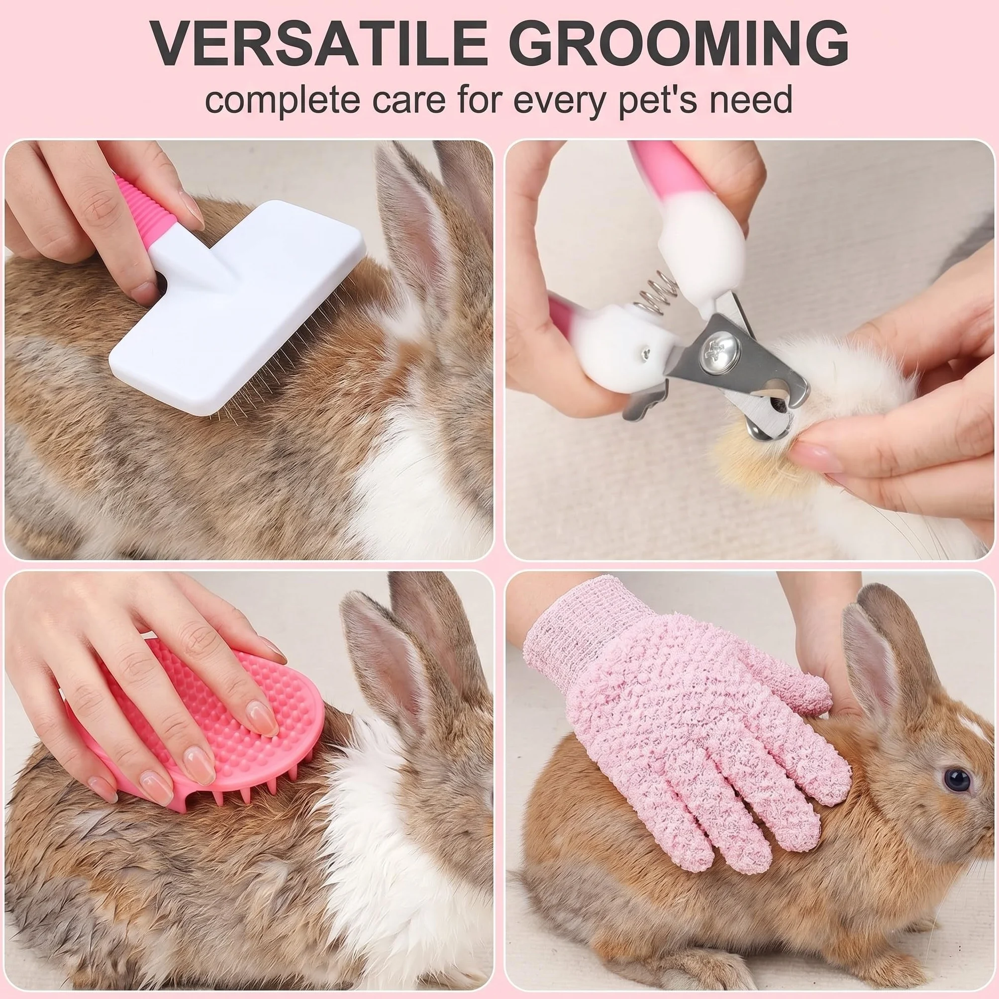 Ensemble de soins pour lapins 8 pièces rose – Accessoires pour lapins avec coupe ongle, lime, peigne anti-puces, brosse lapin, brosse de bain et gant de massage
