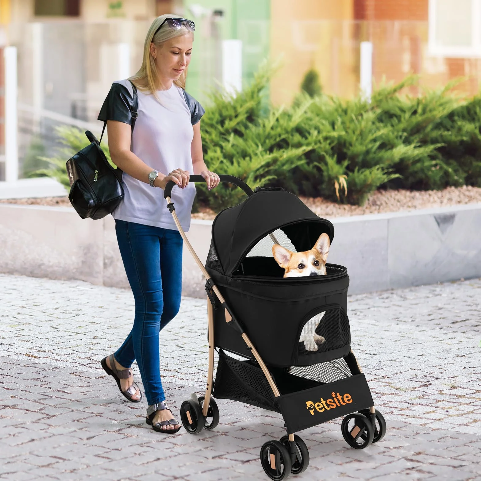 GOPLUS Poussette 3 en 1 Pliable pour Chien Chat, Siège Voiture Amovible, Auvent Réglable, Entrée Maille Zippée, Noir