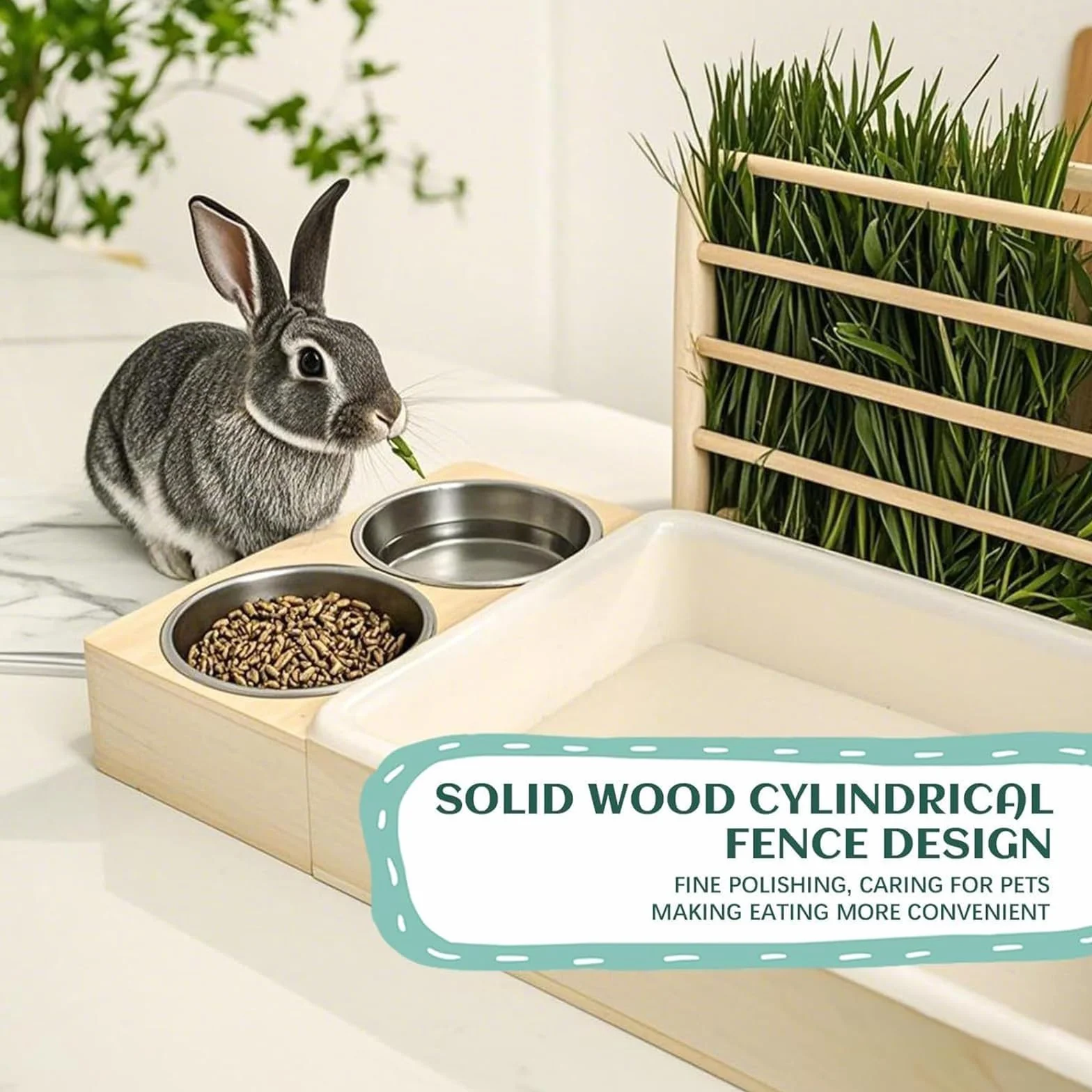 Râtelier à Foin en Bois 3 en 1 pour Lapin, Mangeoire avec Bols, Accessoire Cage