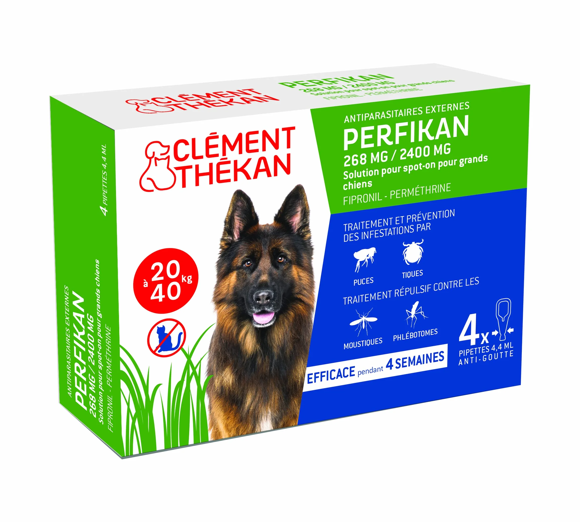 Clément Thékan Perfikan Grands Chiens (20–40 kg) 268 mg/2400 MG Anti-Puces Spot on 4 pipettes