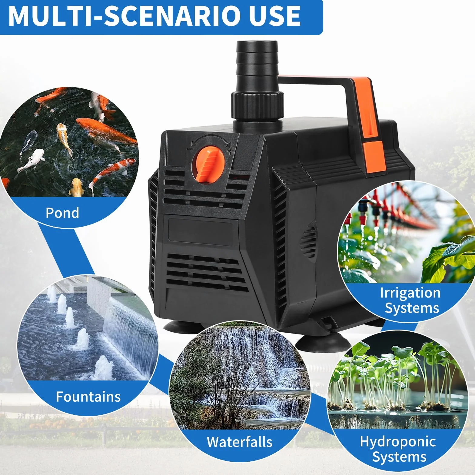 SWAWIS Pompe Aquarium 60W 3500L/H Pompe Bassin Exterieur Amphibie Débit Réglable avec Filtre et 3 Buses