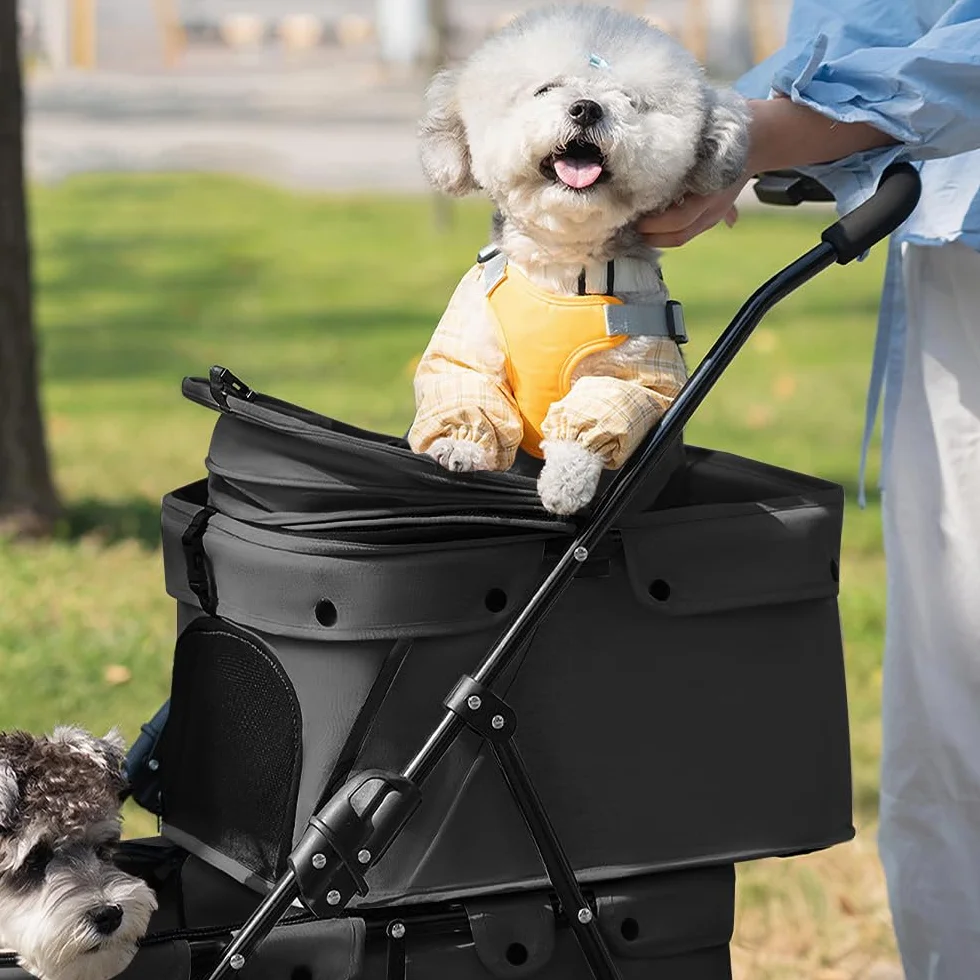 Poussette Double Couche pour Chien Chat Animaux Voyage, Pliable 4 Roues Chariot Landau Jogger Buggy 67x50x95cm Noir