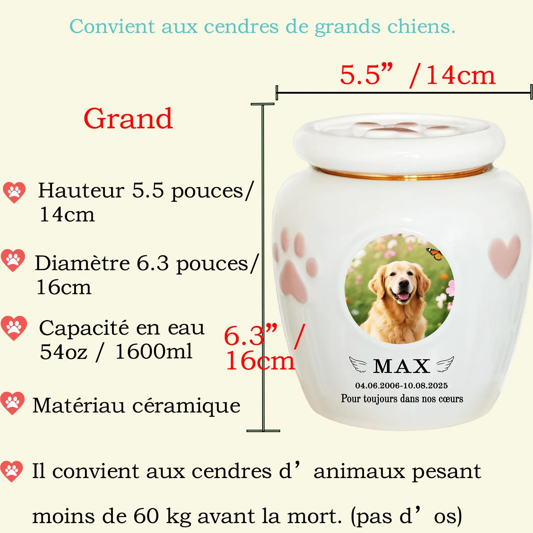 Urne personnalisée pour animaux de compagnie en céramique, cendres chien chat, grande taille ≤ 50 kg