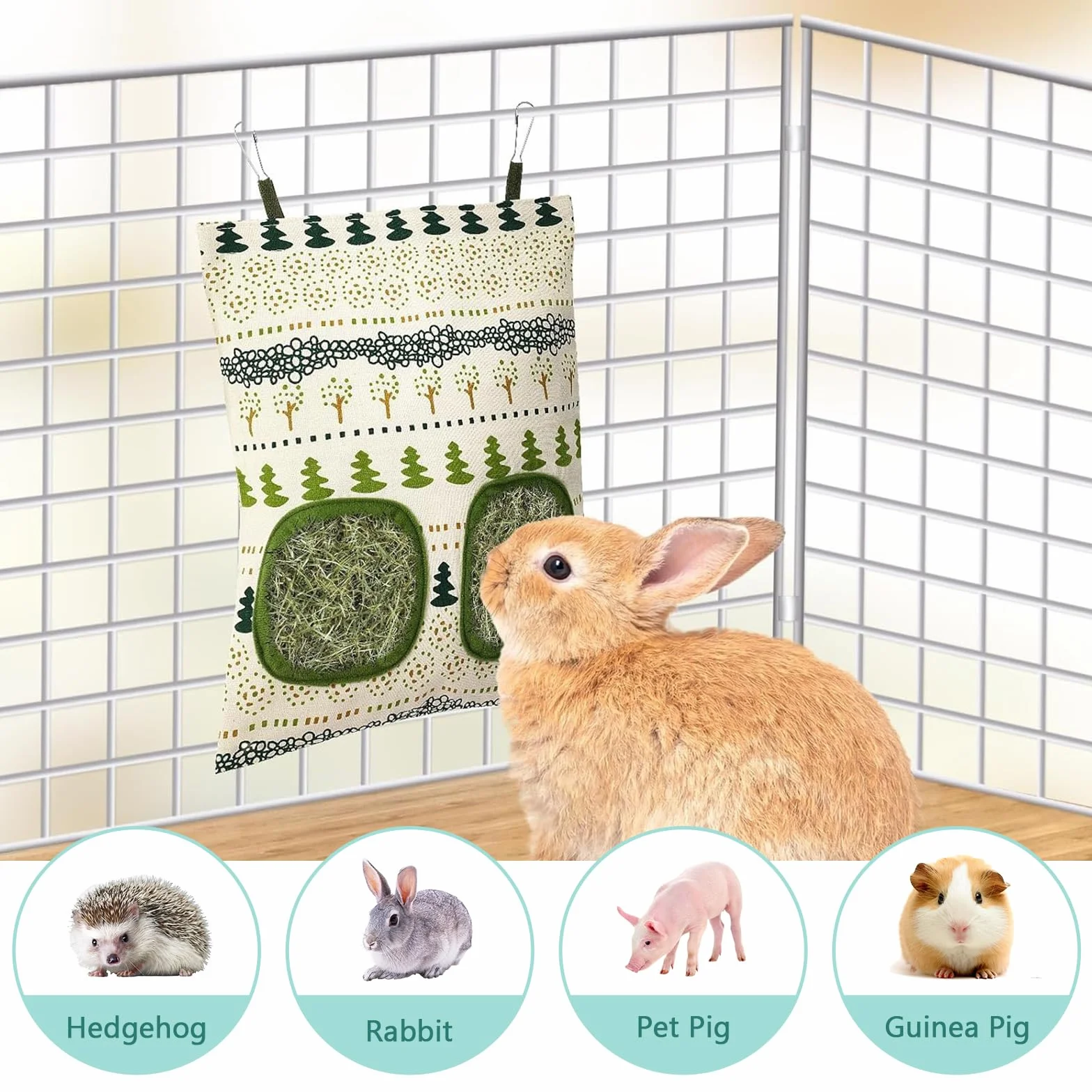 Sac à Foin pour Lapin, Distributeur de Foin Suspendu avec 2 Fenêtres, Accessoire pour Petits Animaux Chinchilla Cochon d'Inde