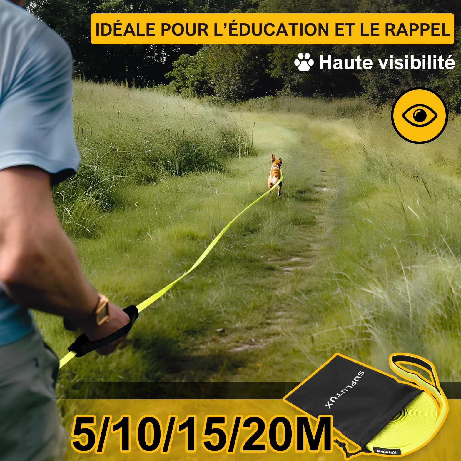 Longe pour Chien 15m avec Deux Poignées, Laisse de Dressage Solide, Sac de Rangement, Jaune-Vert