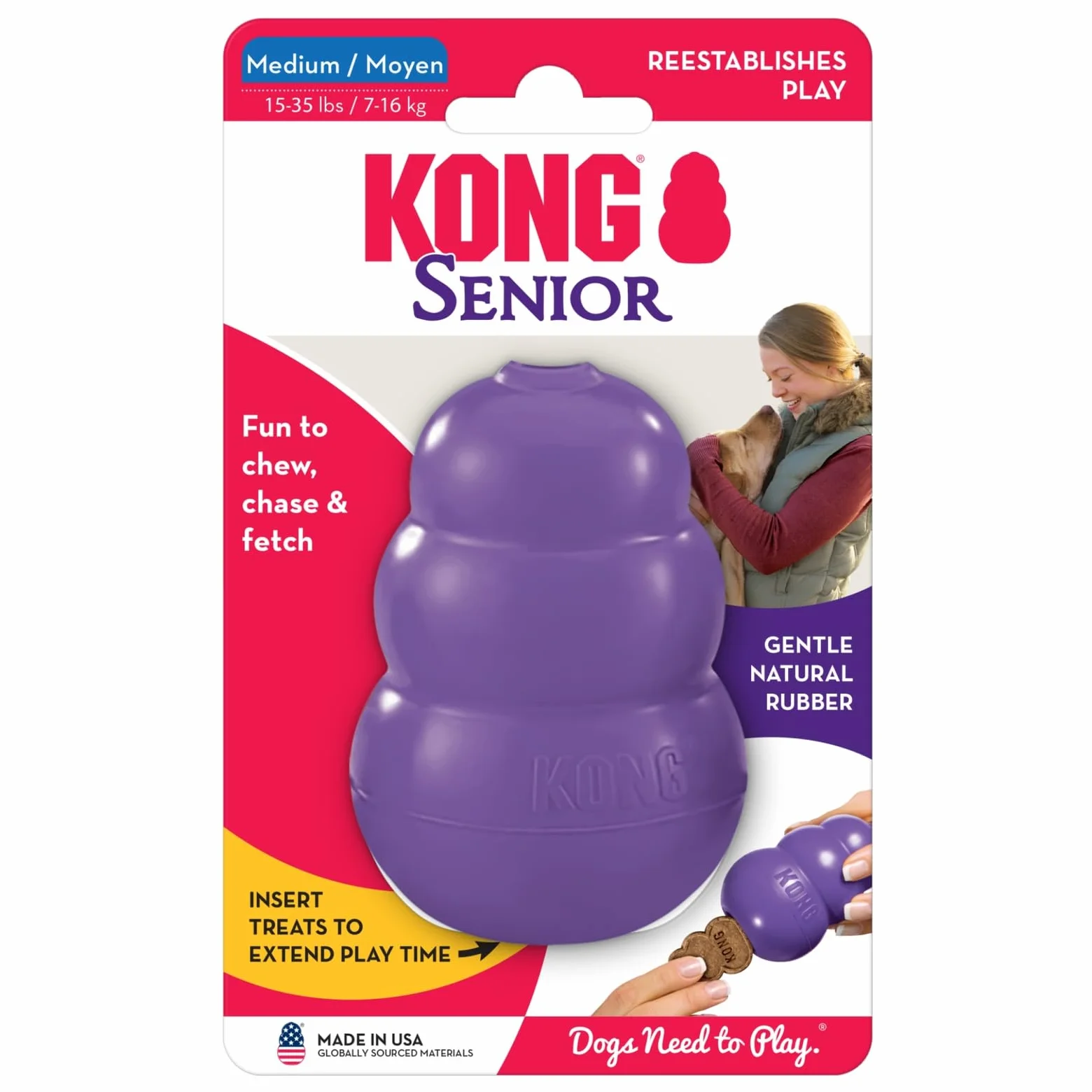 KONG Senior Jouet pour Chien Caoutchouc Naturel Doux Remplissable Friandises Chiens Âgés Moyens