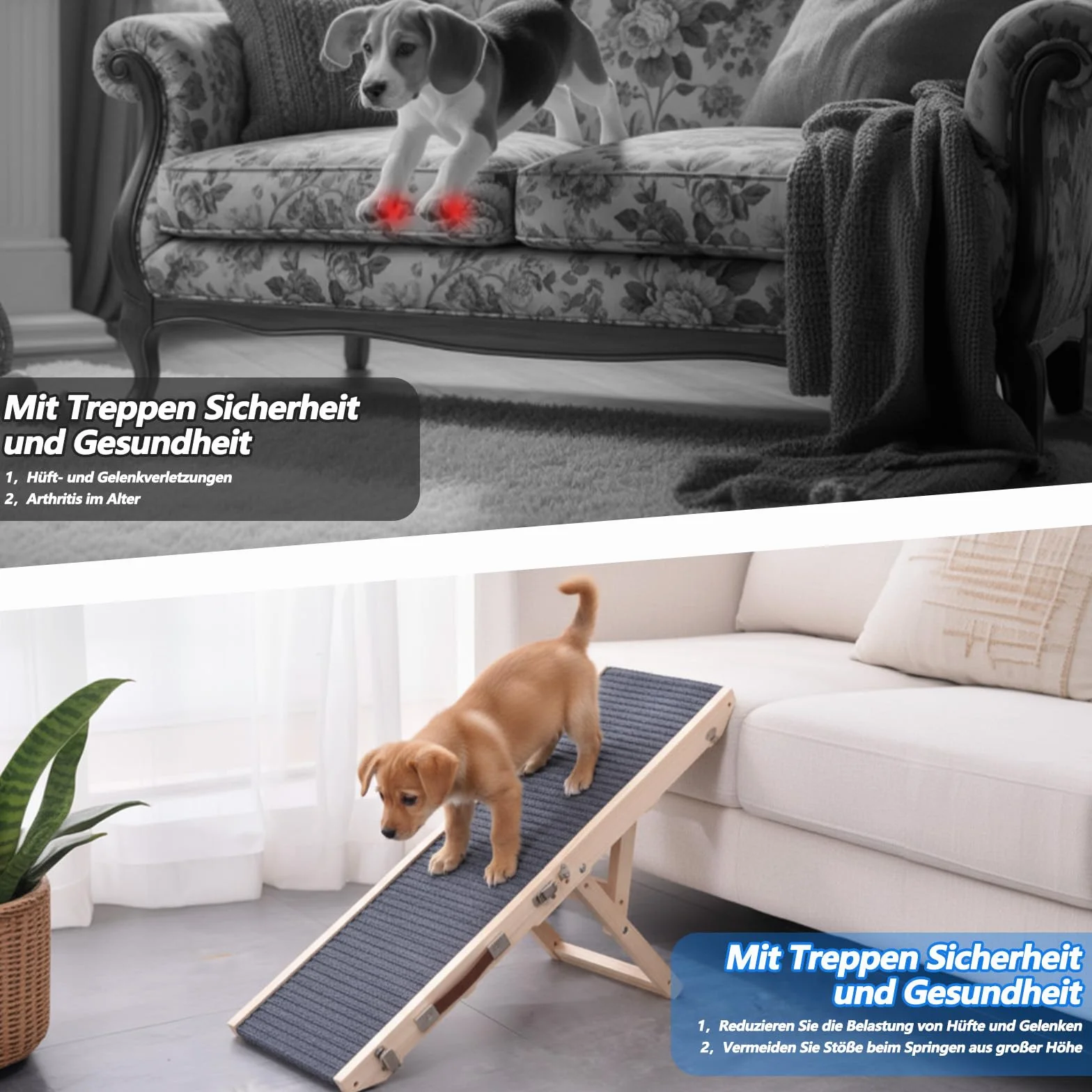 Rampe pour chien en bois, Escalier pour chien 4 marches Réglable de 24,5 cm à 45 cm, Rampe pour chien avec coussin antidérapant pour canapé, voiture, lit, Rampes pour chien pliables pour