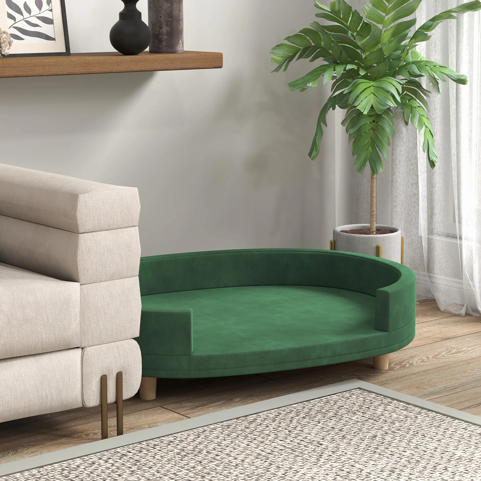 PawHut Canapé pour Chien avec Coussin Amovible, Velours Doux, Pieds Bois Massif, 100x70x25 cm, Vert