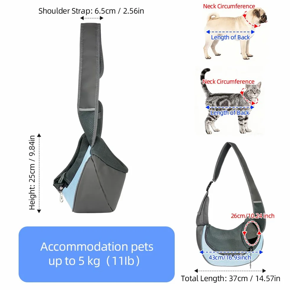 Sac de Transport pour Chien Chat, Sac à Bandoulière Mains Libres jusqu'à 5kg, Bleu