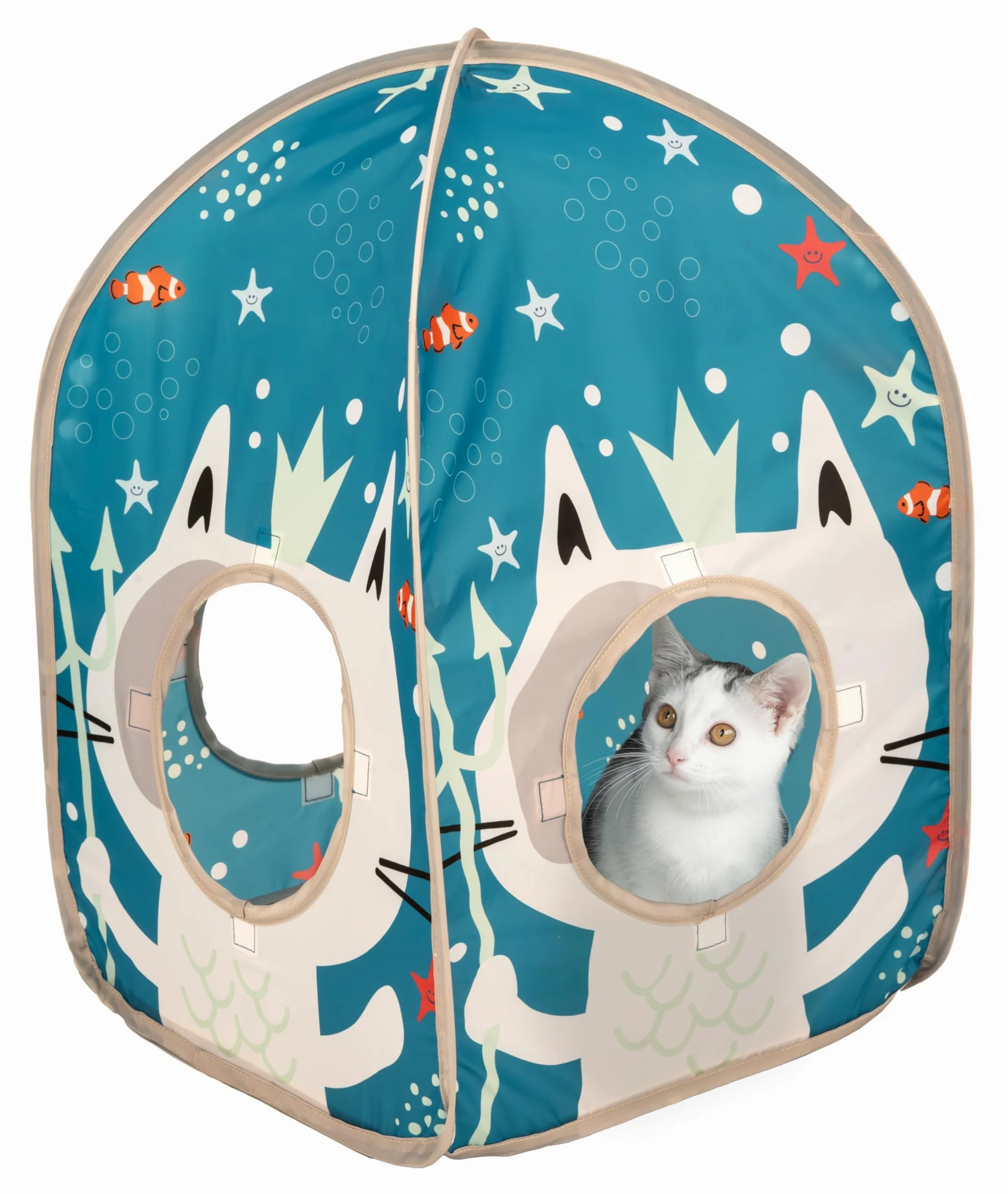 Kitty City Ensemble de meubles de jeu pour chat sur le thème de l'océan, jouets pliables pour chat avec cube, tunnel et maison, aire de jeu intérieure pour chat, pour jouer, se cacher et se détendre