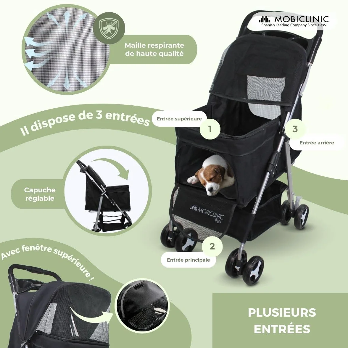 Mobiclinic Poussette Buggy Pliable Chien Zuma Jusqu'à 15 kg Roues Freins 360° Panier XXL Noir