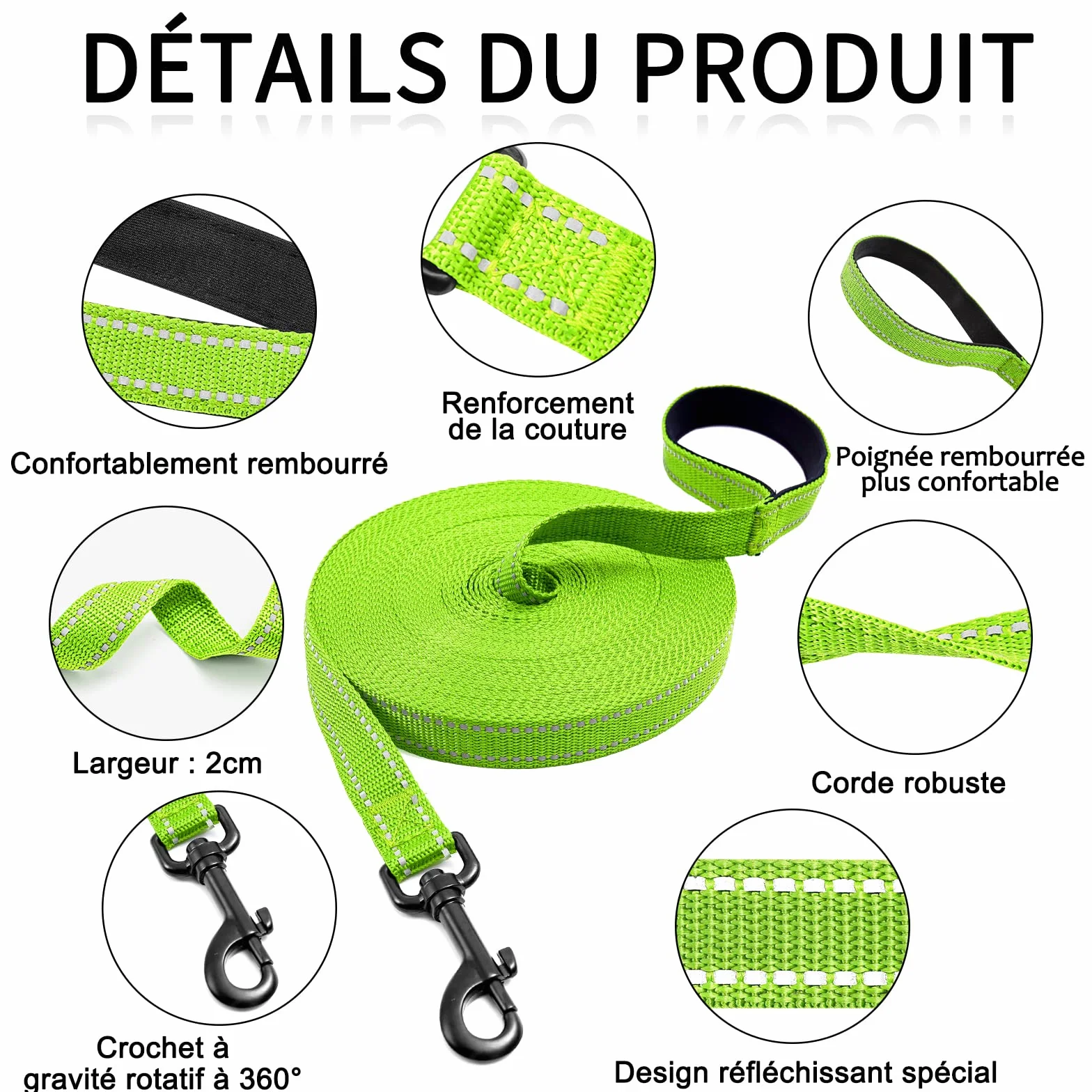 COMSLE Longe pour Chien Réfléchissante 3m 5m 10m 15m 20m avec Poignée Rembourrée