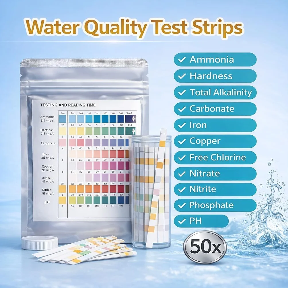 Test Aquarium 11 en 1, Test d’Eau avec Tube Plastique et Thermomètre, Ammoniac Nitrite Nitrate pH GH KH Chlore Cuivre Phosphate Fer