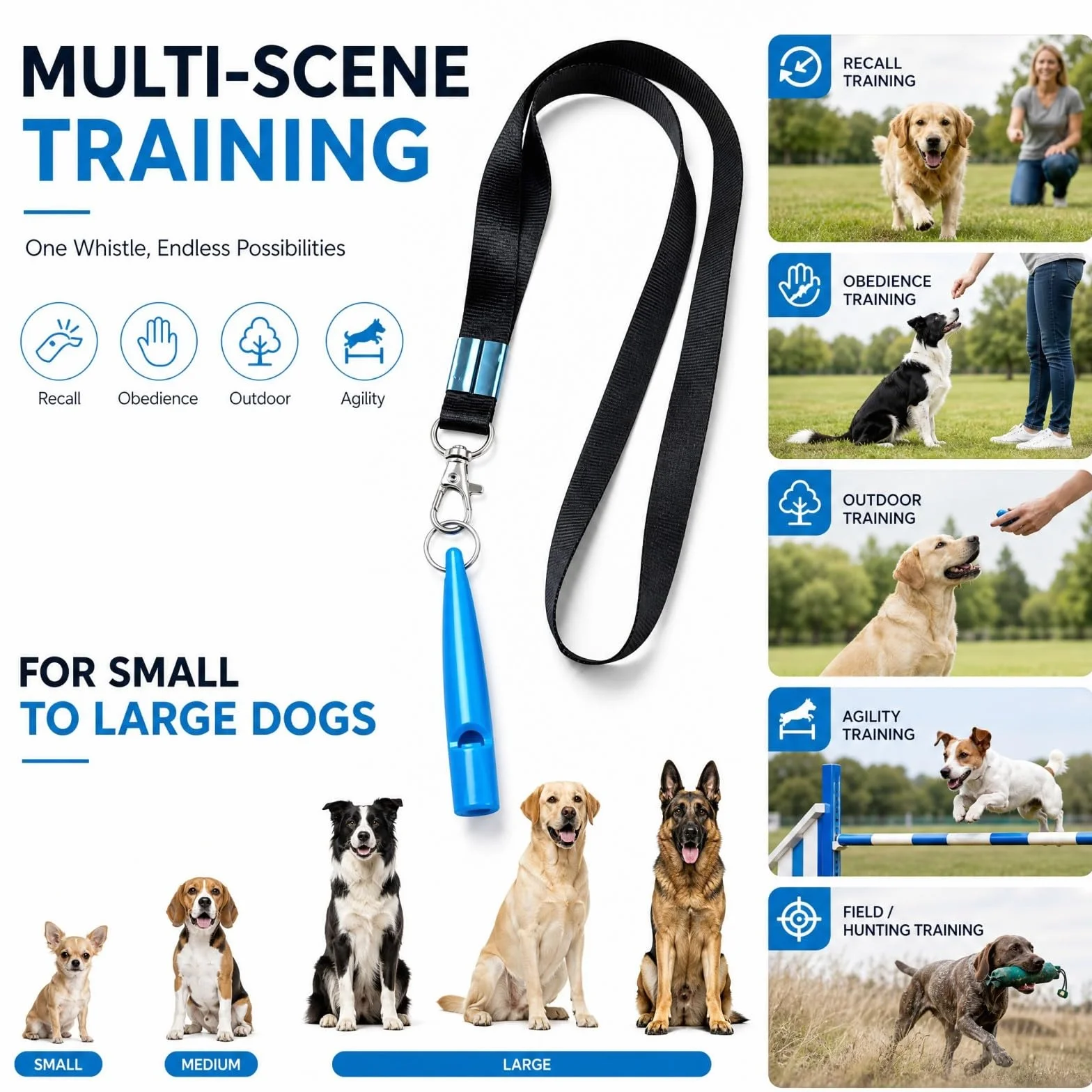 VBK Sifflet Chien Rappel, Sifflet Ultrason Chien avec Cordon Long, Sifflet Dressage Chien Léger Portable, Sifflet Éducation Canine Bleu