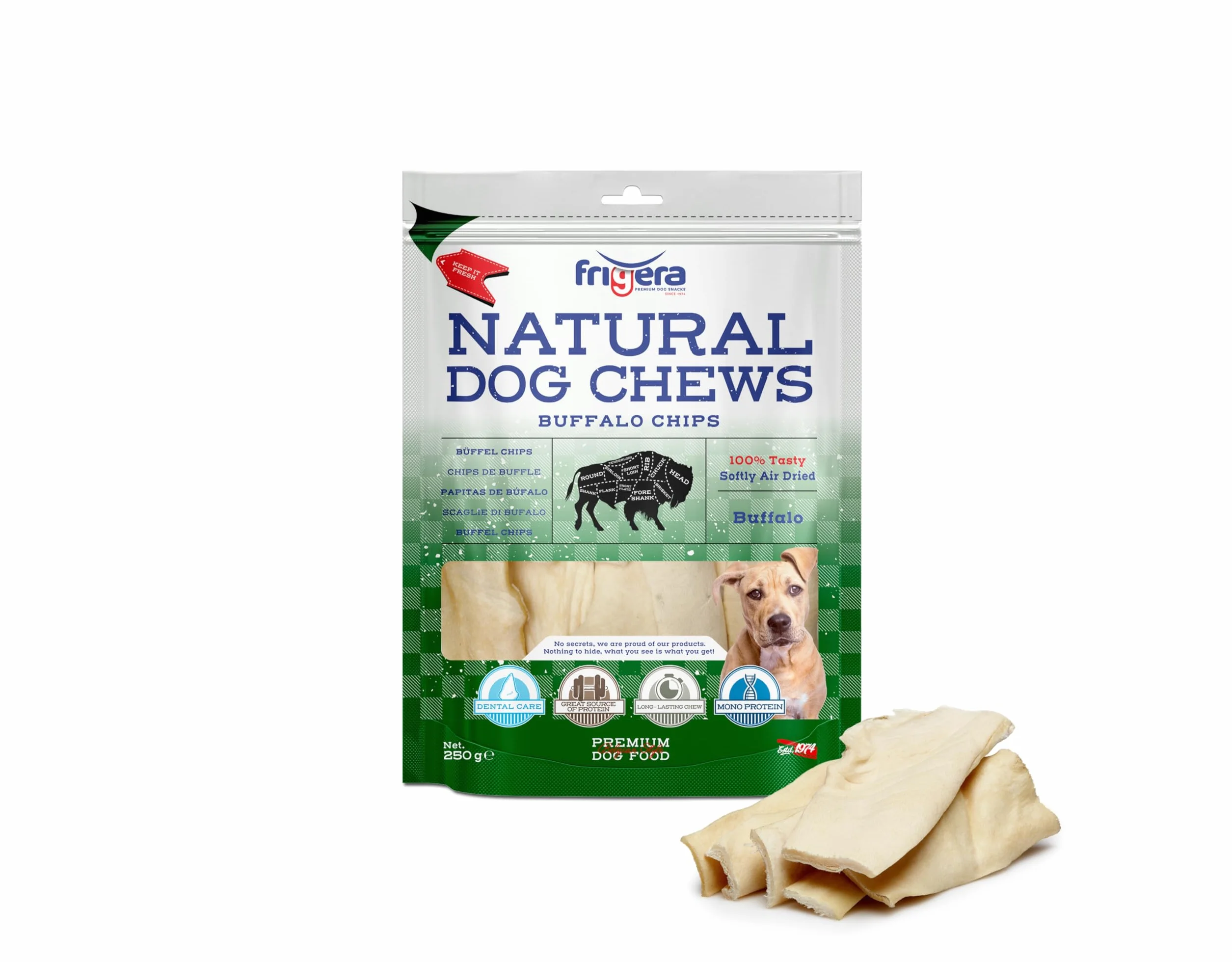 Frigera Chips de Buffle 250g Friandises Naturelles Riches en protéines pour Chiens sans Gluten ni céréales