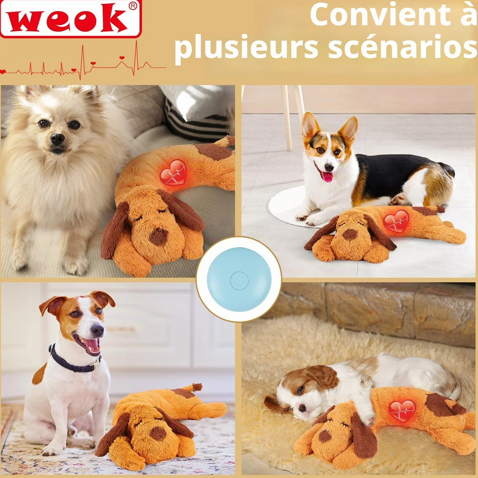 Jouet pour Chiot Oreiller Confortable Anti-Anxiété en Peluche avec Battements de Cœur pour Chiens et Chats