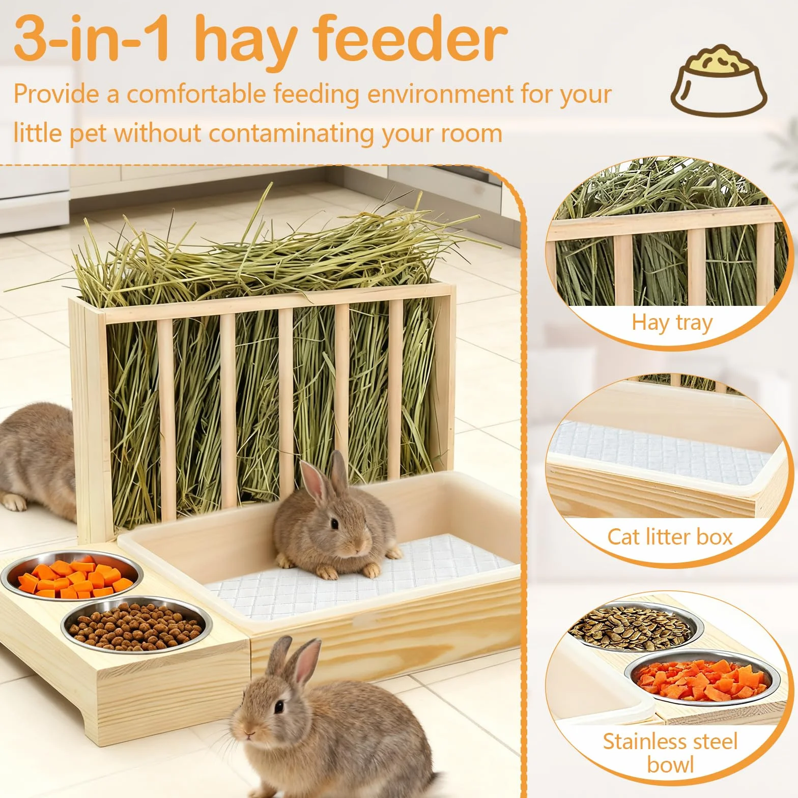 Râtelier à Foin en Bois pour Lapins Cochons d'Inde Hamsters avec Toilettes et Gamelle
