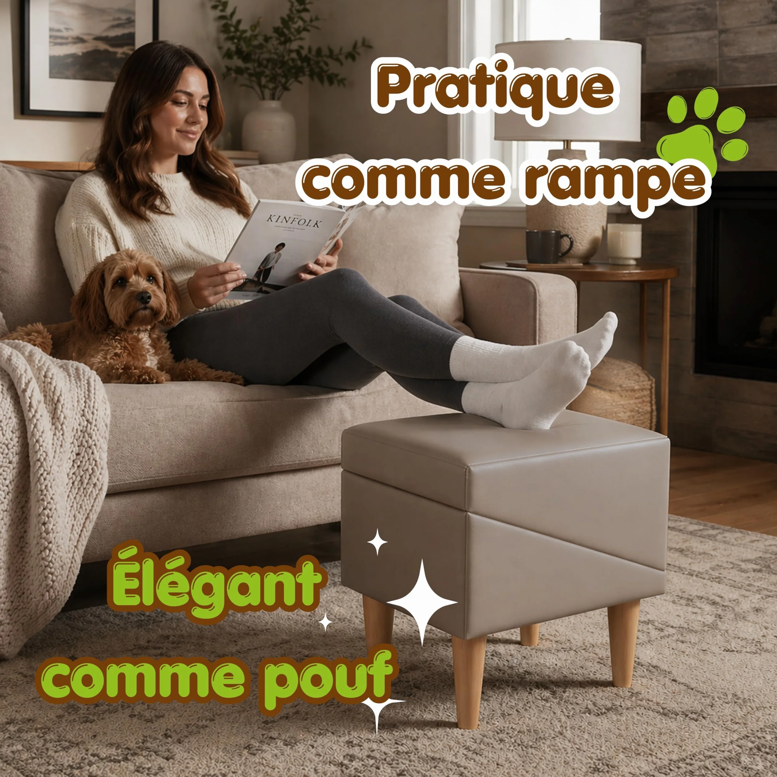 2 en 1 Siège Escalier Chien Antidérapant Pliable Effet Cuir Beige 36 cm