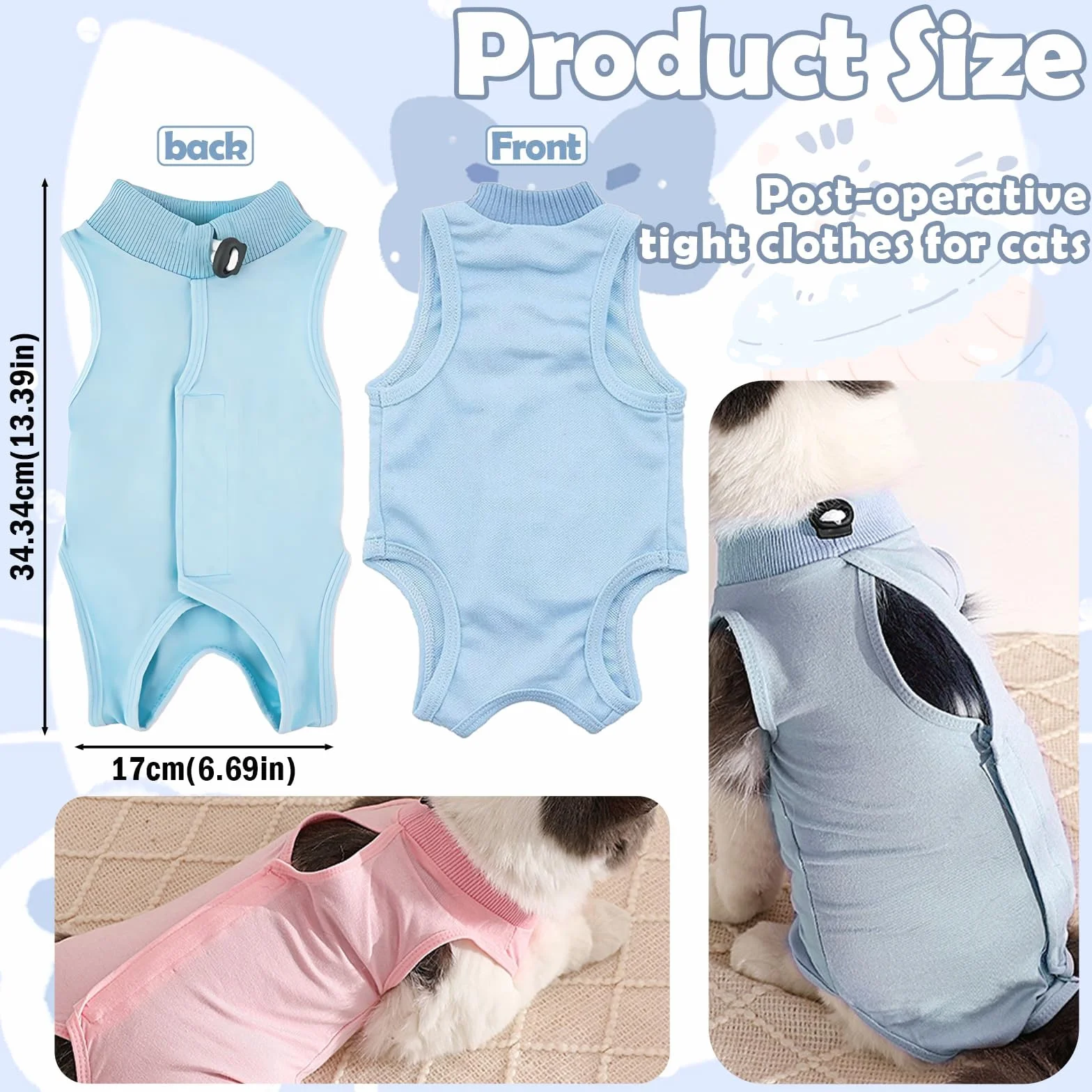 Gilet de Récupération pour Chat 2-4kg, Body Post-Opératoire Femelle, Bleu