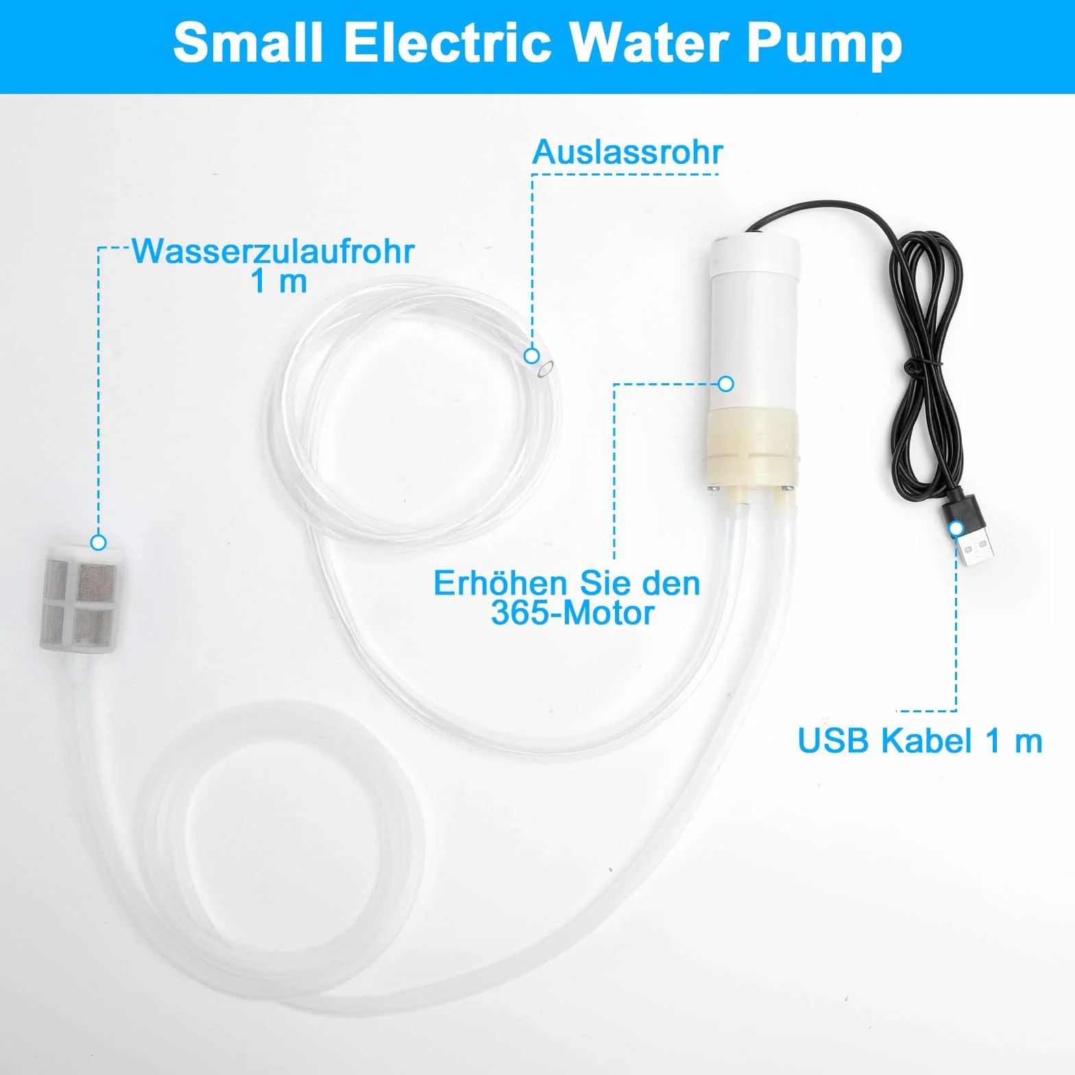 HENGBIRD Pompe à eau USB Mini DC Auto-amorçante 5 V Silencieuse avec Tuyau PVC 1 m & Filtre en Pierre, Pompe de Circulation Portable pour Aquarium