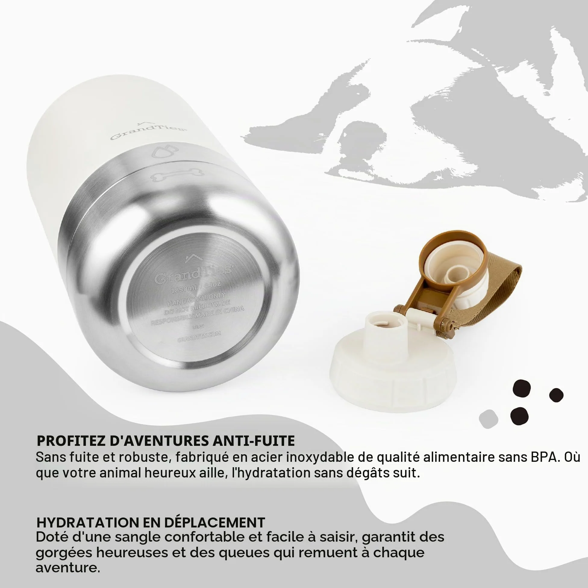 GrandTies Bouteille d'eau Portable Isotherme avec 2 distributeurs Amovibles pour Chien | Conteneur de Voyage Alimentaire étanche | Marche, randonnée, Camping (1,9 l, Blanc Ivoire)