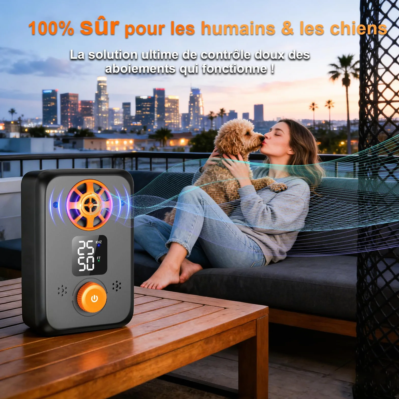 Appareil Anti-Aboiement Ultrasonique Chien 5 Fréquences Ajustables 3 Portées Intérieur/Extérieur