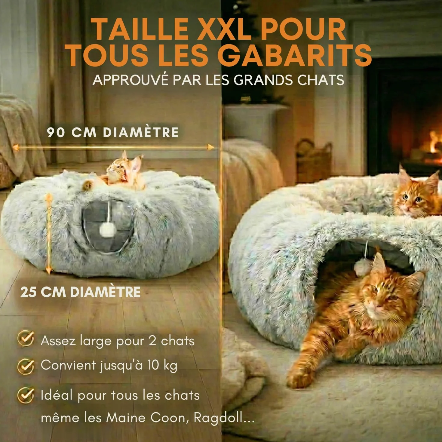 One PETS-TOP Tunnel Chat Rond XXL en Peluche Douce – Lit Tunnel Cachette Confort – Cabane Intérieure pour Chat – Cat Tunnel (Gris Perle)