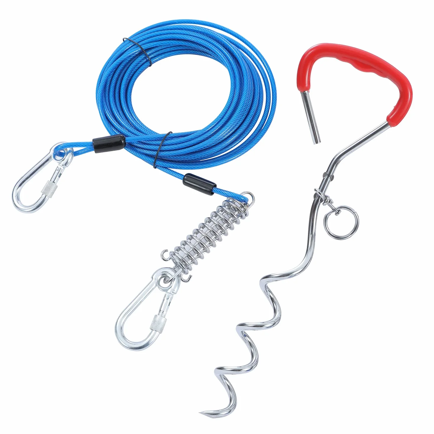 TOPWAY Câble d'attache pour Chien 10m et Piquet en Spirale de 42cm, Chien Cravate Câble pour Le Camping en Plein Air, Bleu + Rouge