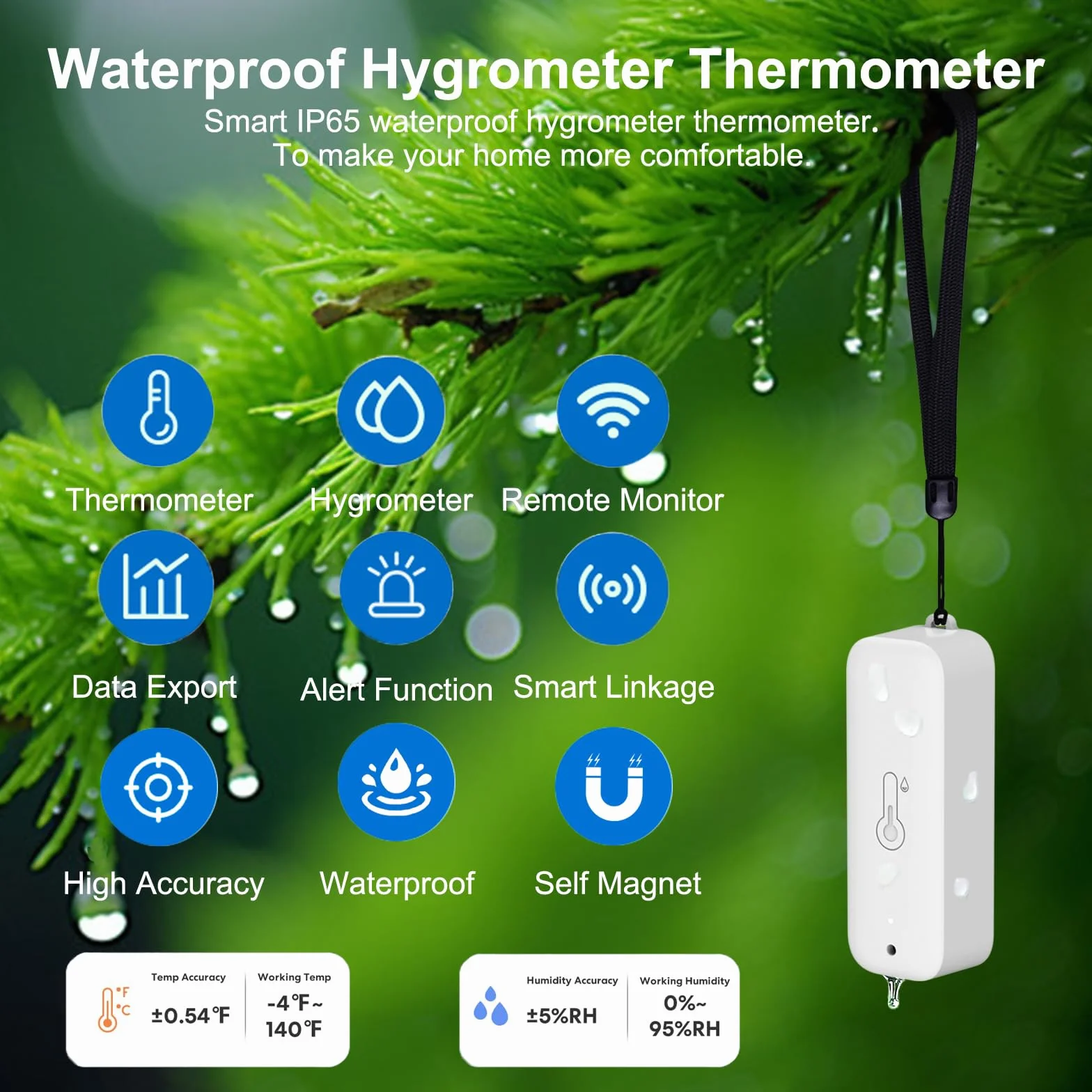 Thermomètre hygromètre intelligent: capteur d'humidité et de température étanche avec notification d'alarme par application, auto-magnétique pour l'intérieur et l'extérieur, fit Alexa (4PCS,White)