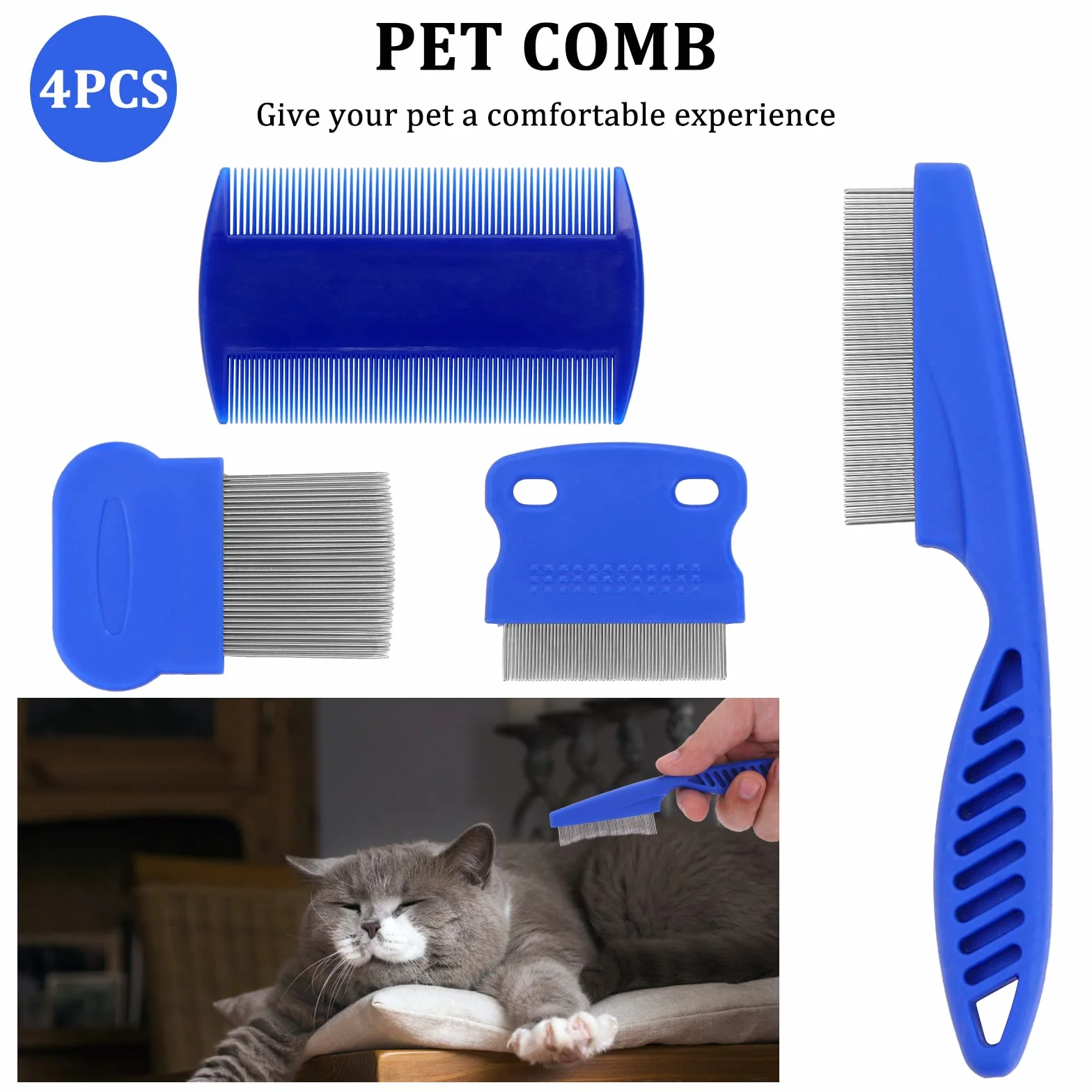 Cobee Peigne anti puces pour chien Peigne de toilettage Outil de retrait dents fines (4 pièces)
