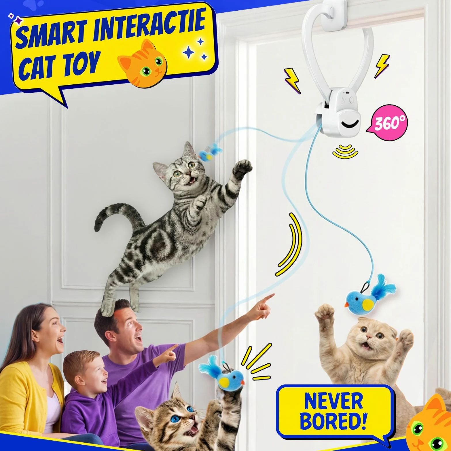 Jouets interactifs pour chats d'intérieur avec plumes d'oiseau volant électriques automatiques - Meilleur chaton et adulte - Jouet électrique à suspendre pour chats ennuyés (6 jouets) - Bleu