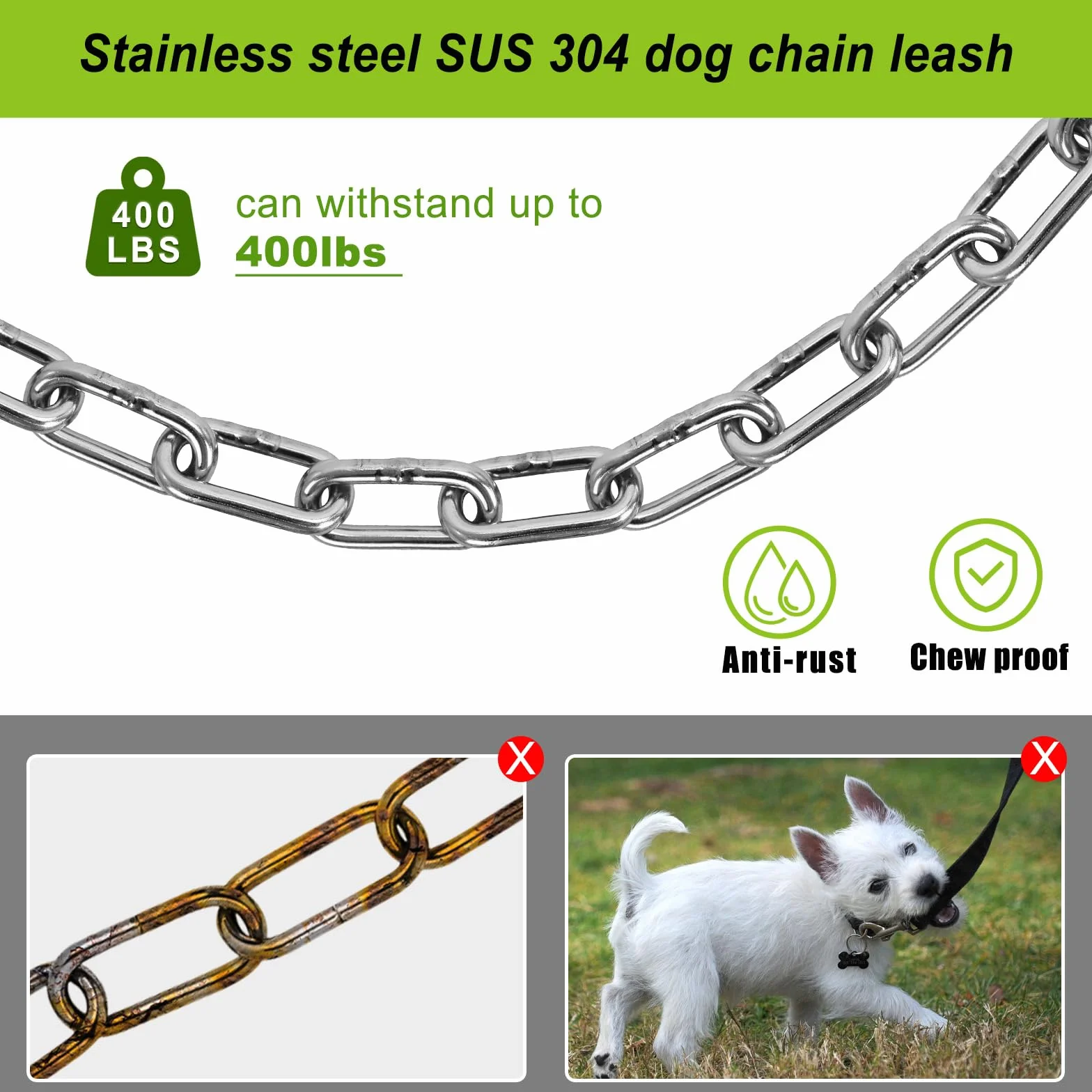 Laisse Chien Chaîne 15FT Anti-Rouille Acier Inoxydable Rotatif 360° Piquet d'attache pour Chiens