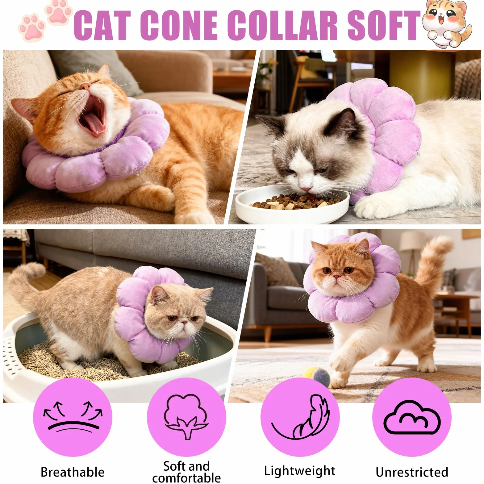 QKURT Colerette Chat Anti Léchage, Doux et Confortable Ajustable Collerettes Chat pour Chatons Anti Lechage Après Chirurgie, Joli Tournesol