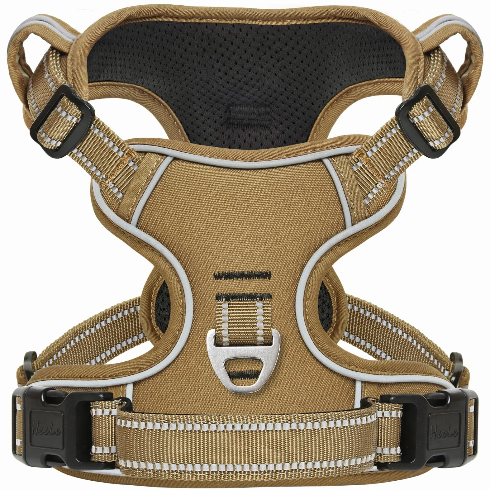 HEELE Harnais Chien Anti Traction Réfléchissant avec Poignée Rembourrée, 2 Anneaux Métal, Marron, M