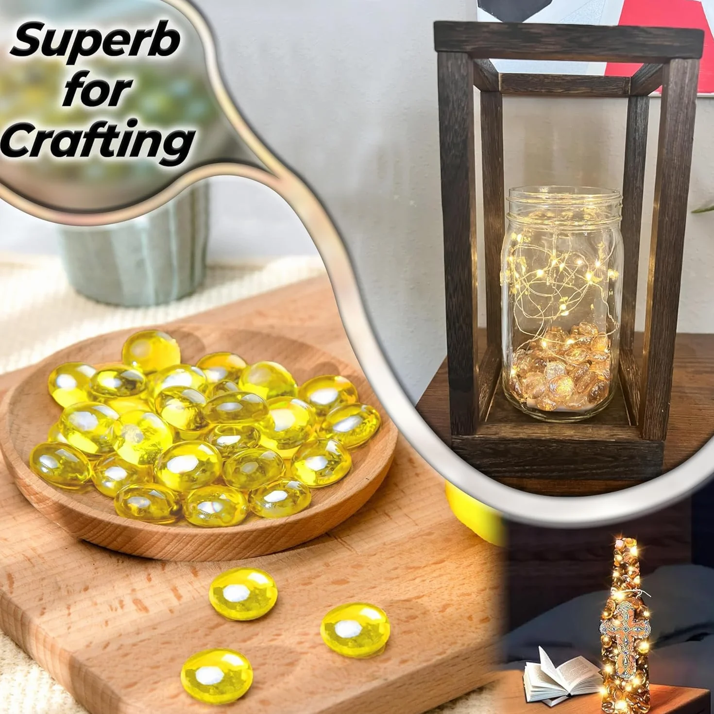 Galets de Verre Jaune 455 g 70-80 pcs Ø17-20 mm Pierres Décoratives Cailloux Plat Perles de Verre Gravier Aquarium