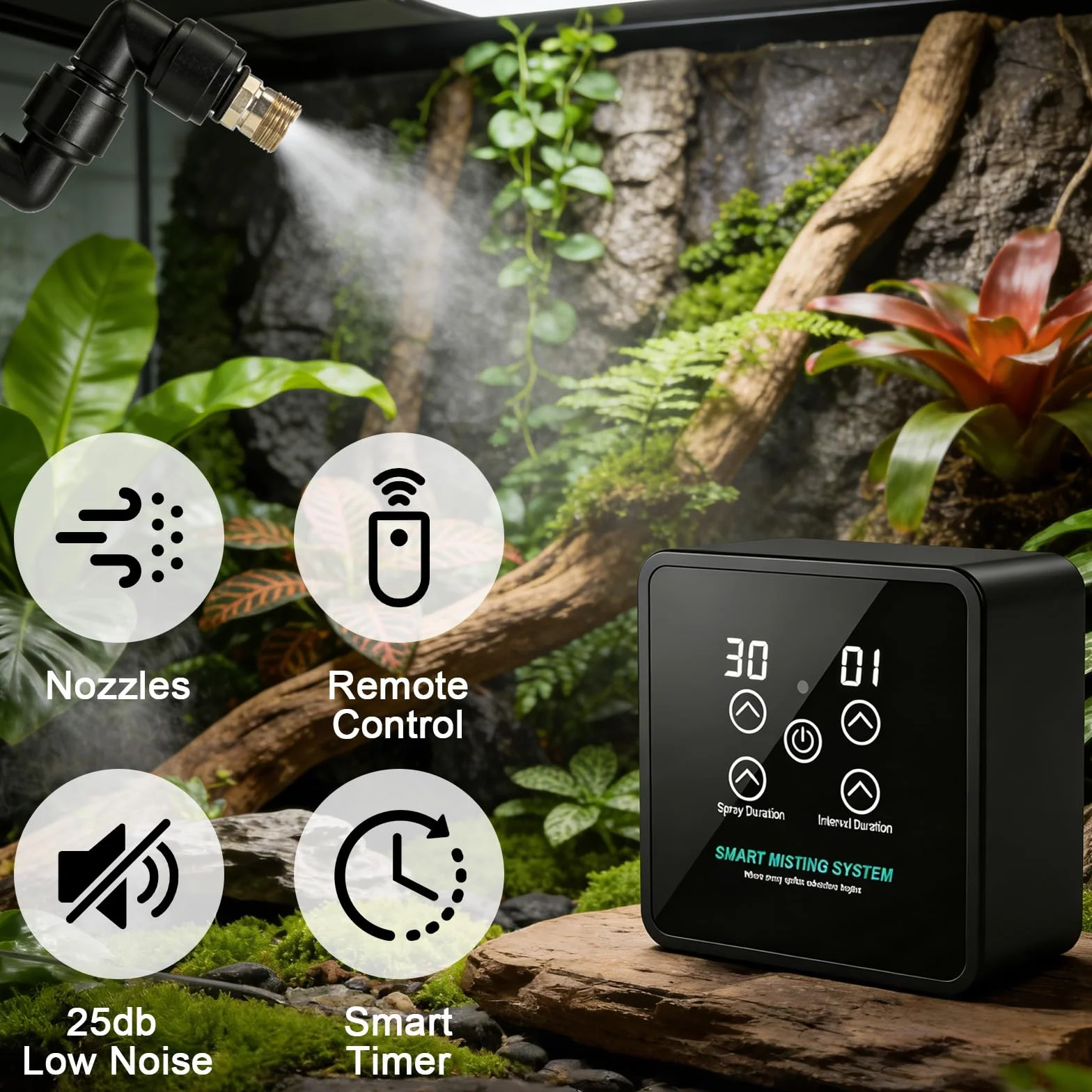 Système de Brumisation Terrarium avec Minuterie, Buse Réglable 360°, Humidificateur Intelligent Reptiles