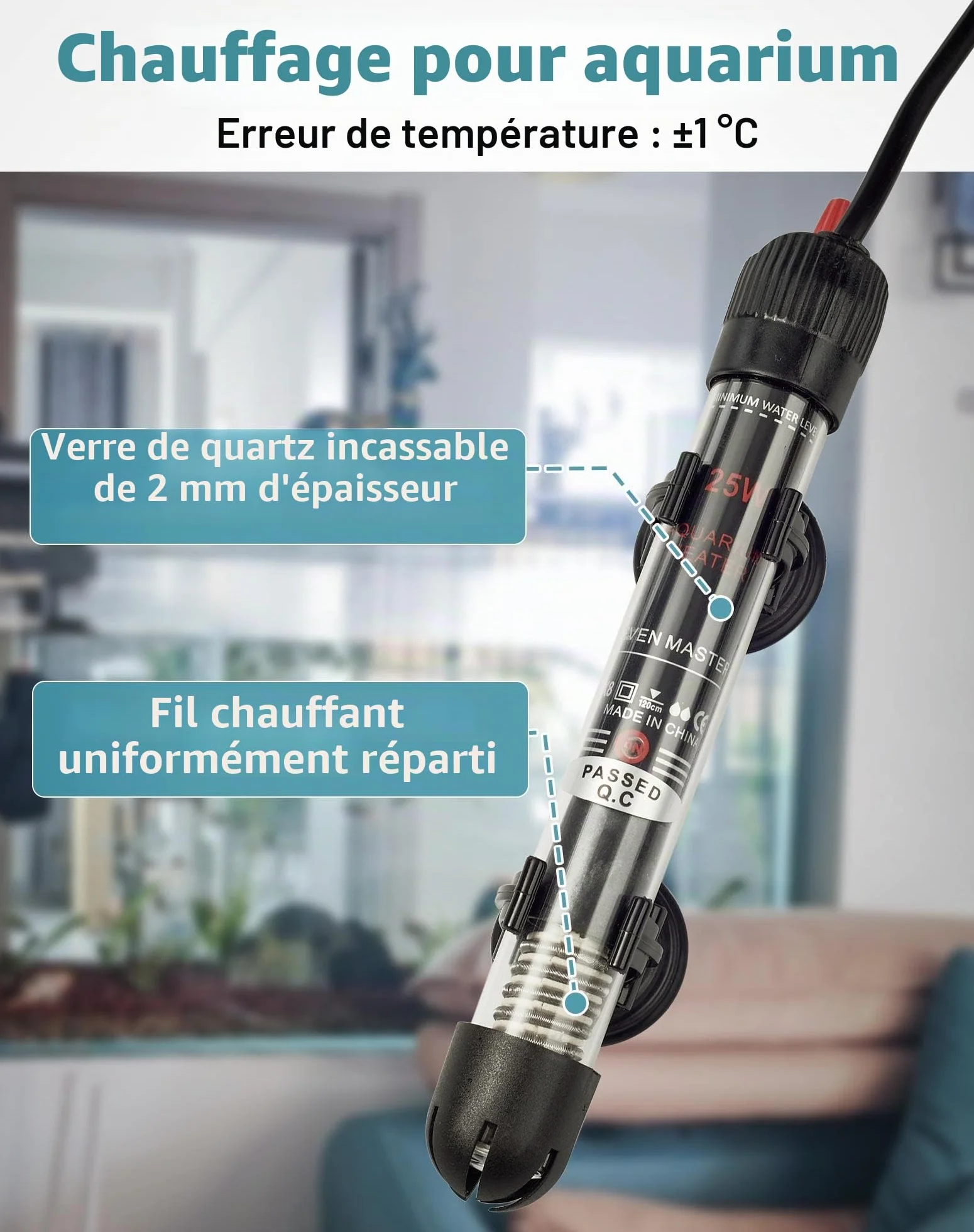 NETONDA Chauffage d'aquarium Réglable 30 l 25 W Résistance Aquarium avec Thermostat 20-34 °C pour Réservoirs à Poissons et Aquarium