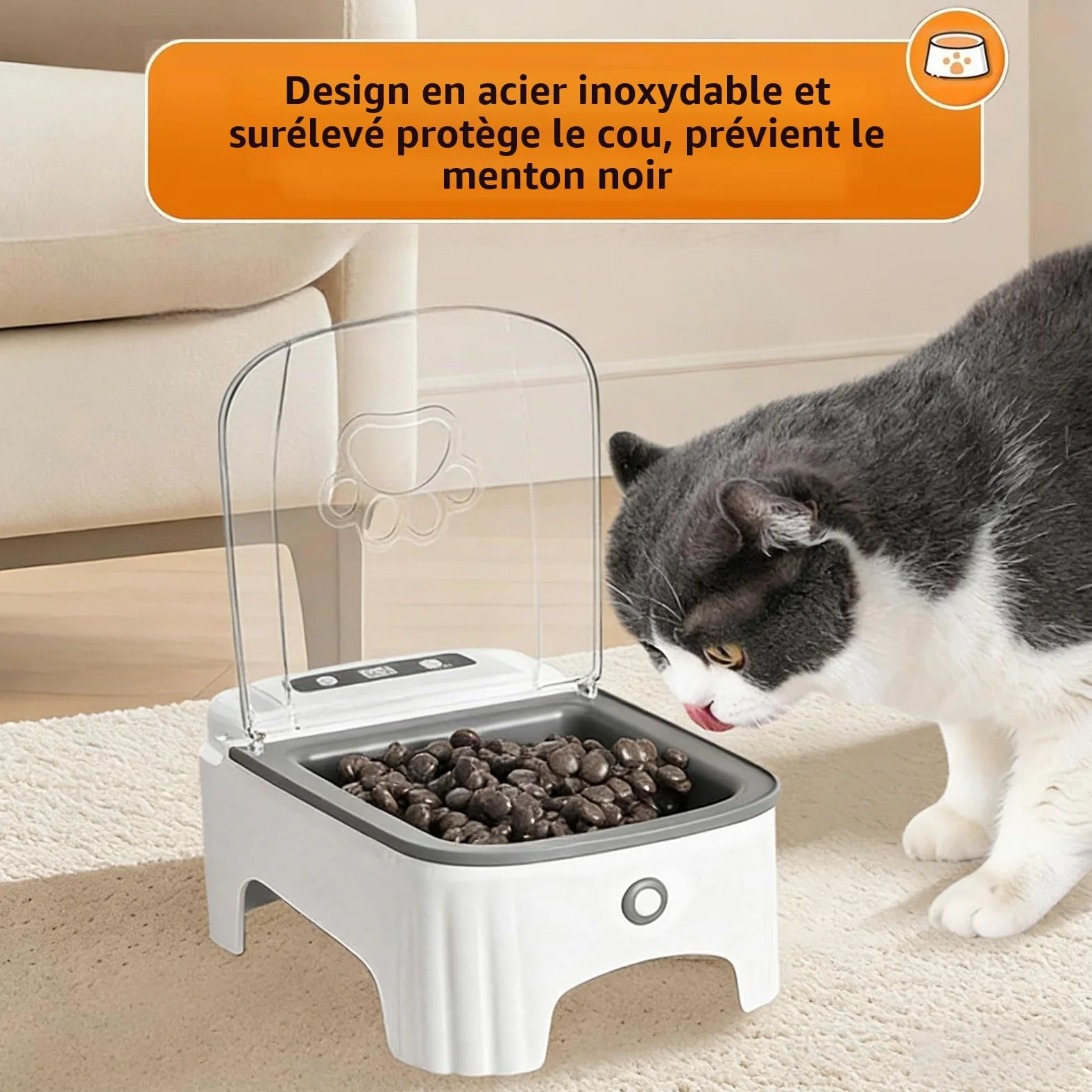 Mangeoire Automatique pour Chat – Capteur Intelligent, Bol de Nourriture Rabattable, Amovible Distributeur De Nourriture pour Animaux De Compagnie avec Affichage LCD, Acier Inoxydable, Noir