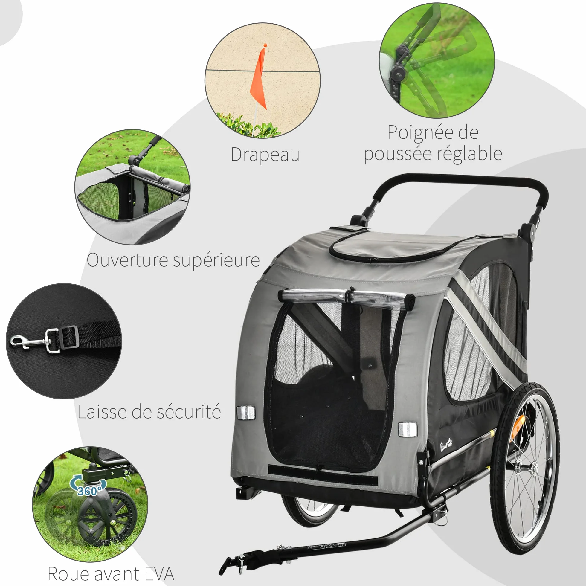 PawHut Remorque à vélo pour Chien Convertible Jogger 2 en 1 avec Drapeau réflecteurs