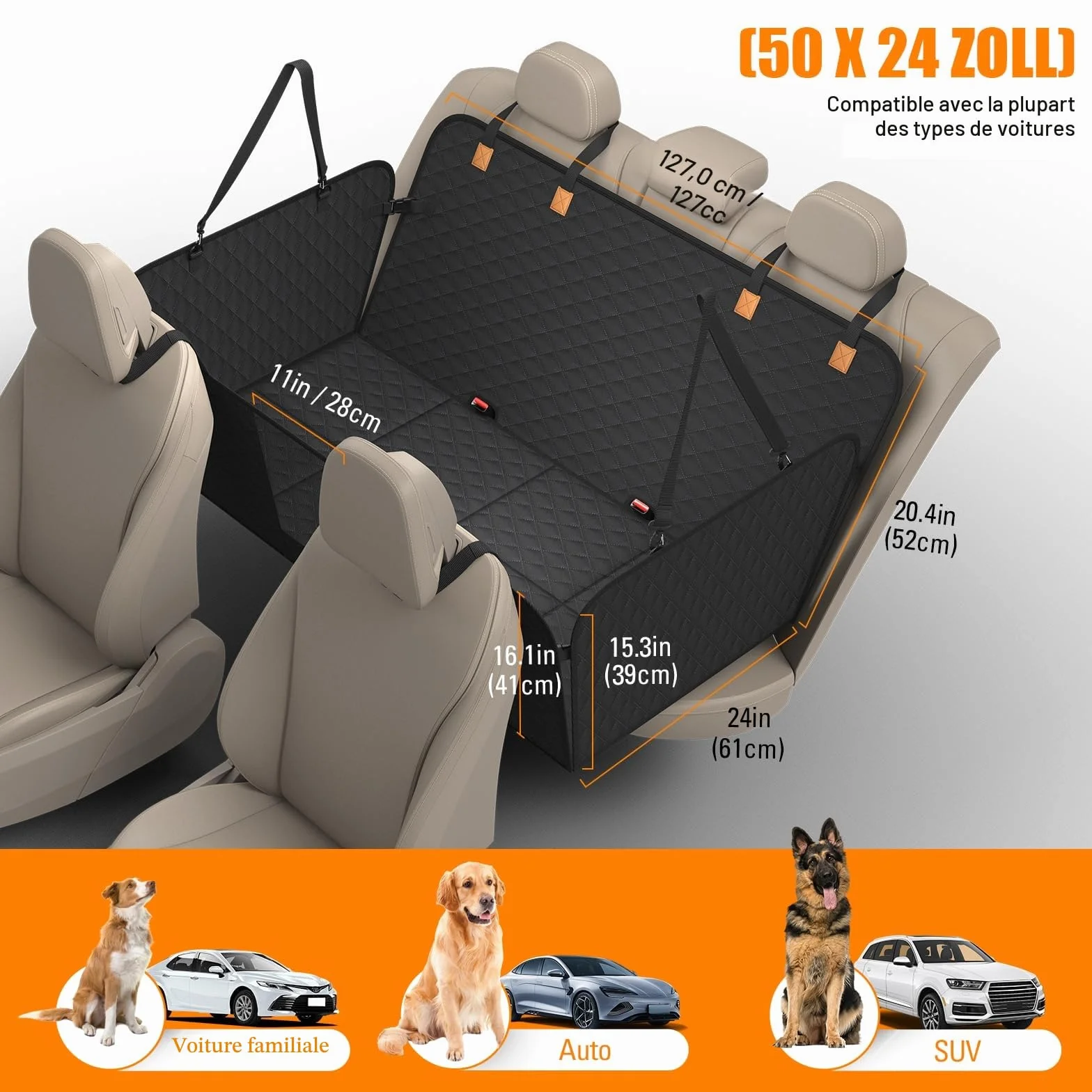 Protection Voiture Chien Siege Arriere [127 x 62 cm], Imperméable, Résistante Aux Rayures, Coque Rigide, Protege Voiture Pour Chien SUV et Voitures Familiales, Lavable, Avec Filet Ventilation (Noir)