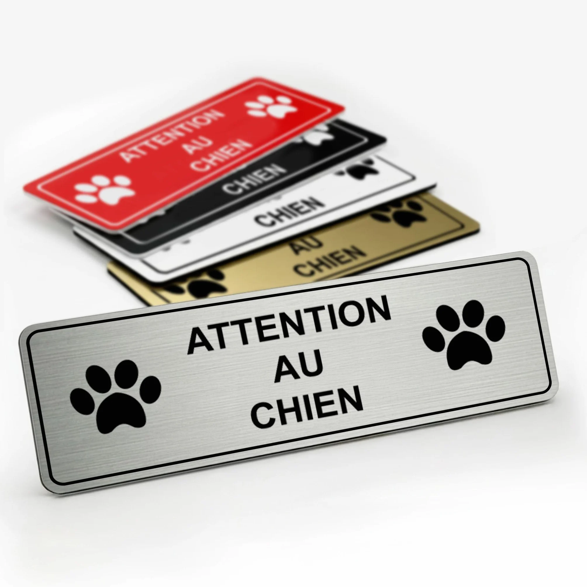 Plaque gravée personnalisée autocollante ATTENTION AU CHIEN Alu Brossée 13x4 cm