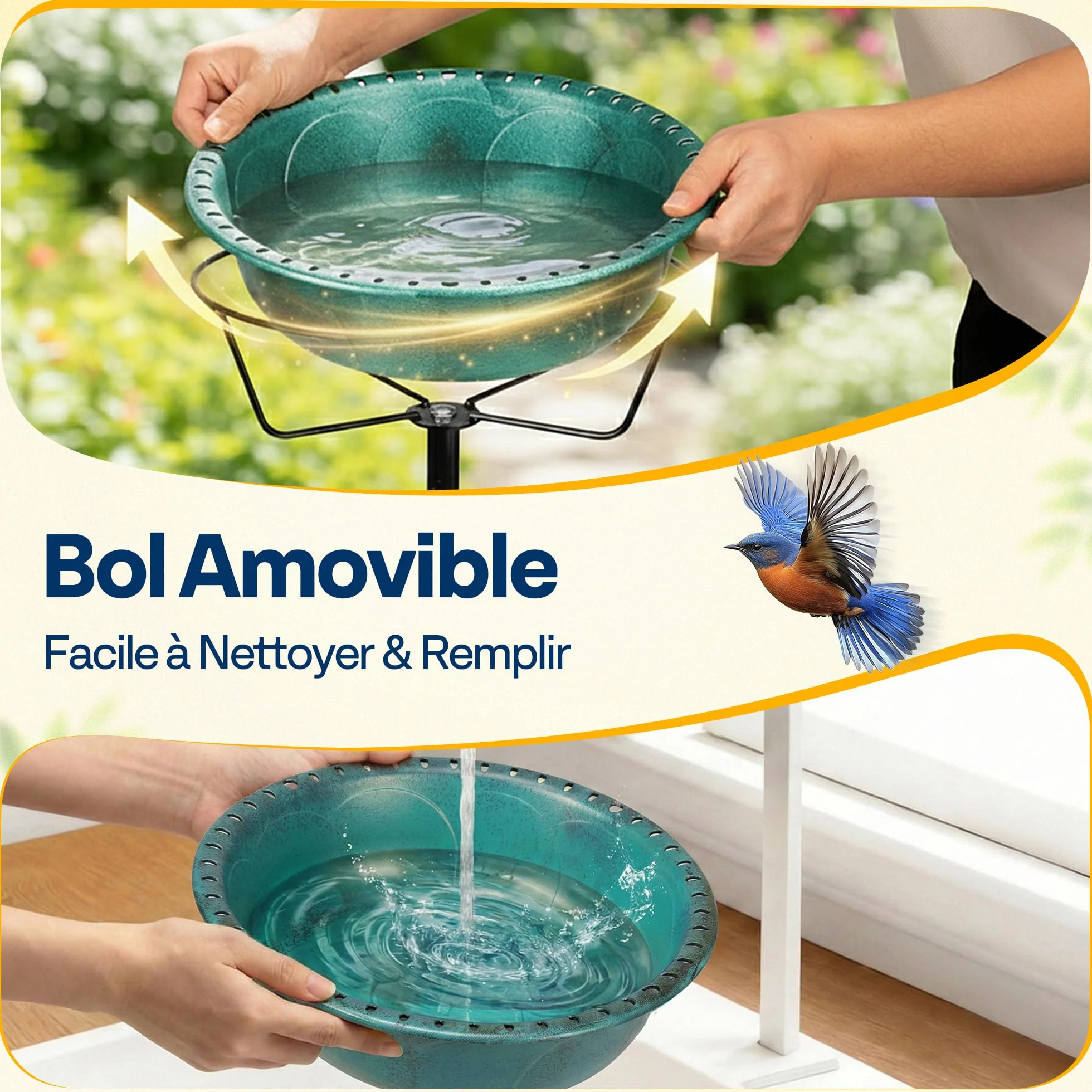 VIVOHOME Fontaine Solaire pour Bain d'oiseaux en Polyresine 74cm Mangeoire Extérieure sur Pied avec Tige en Métal