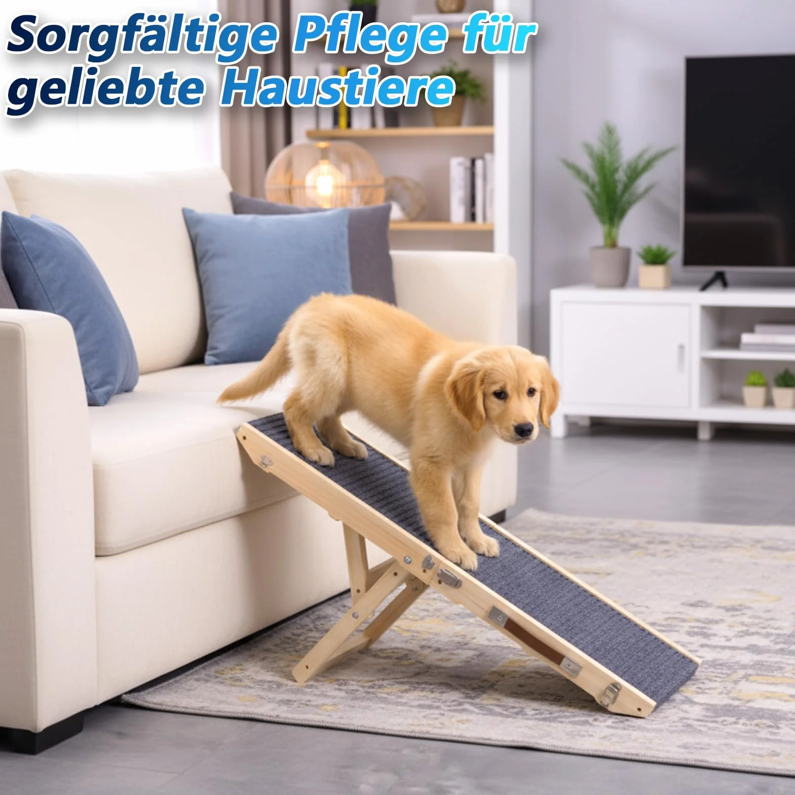 Rampe pour chien en bois, Escalier pour chien 4 marches Réglable de 24,5 cm à 45 cm, Rampe pour chien avec coussin antidérapant pour canapé, voiture, lit, Rampes pour chien pliables pour