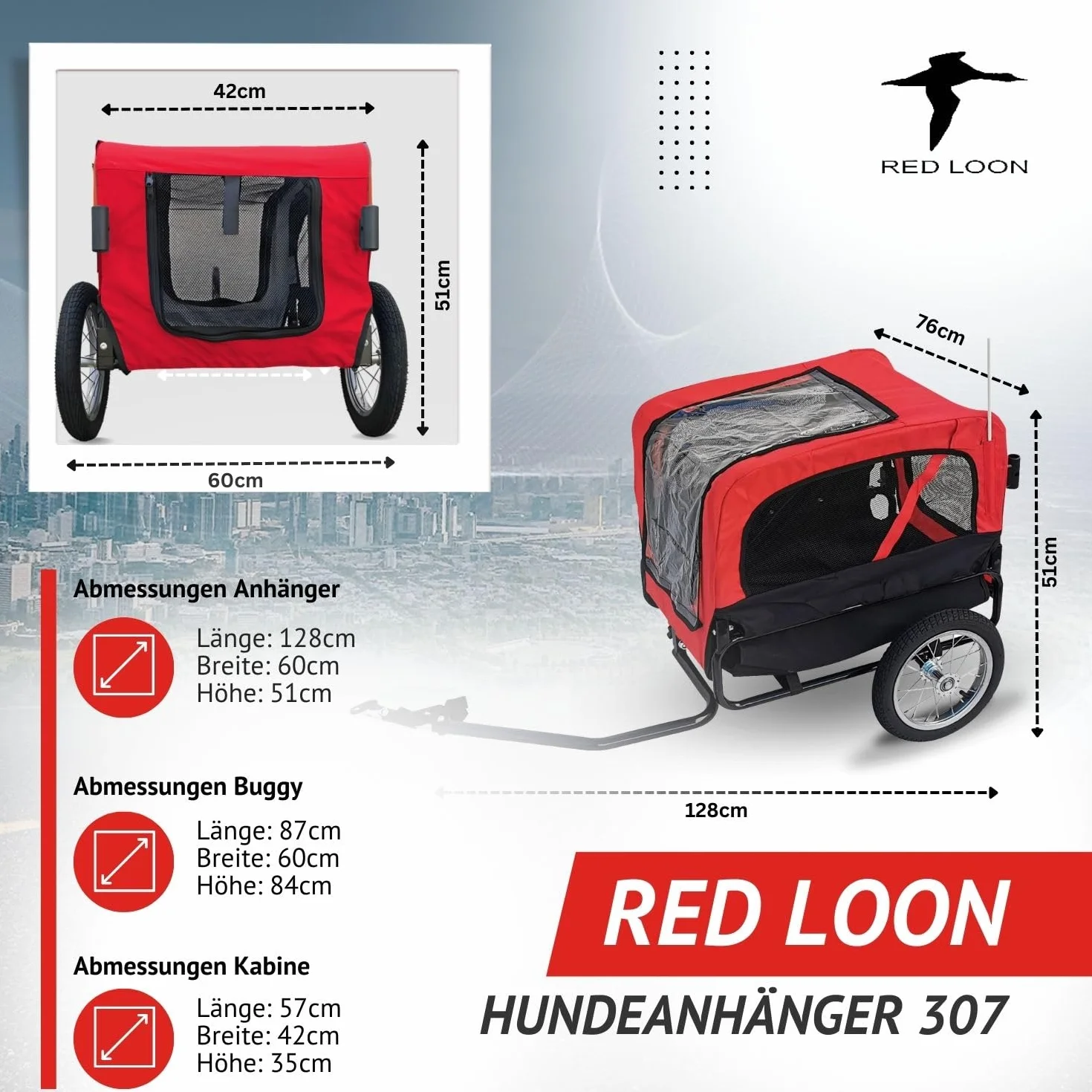 Red Loon Remorque pour chien Mini - Remorque vélo jogger rouge 20kg capacité, attelage universel protection