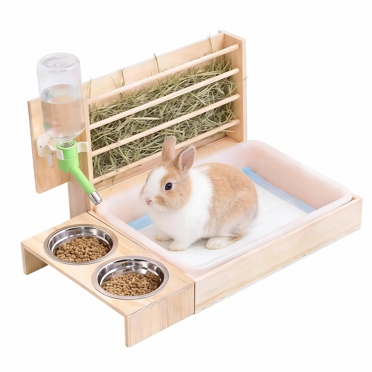 Mangeoire à Foin pour Lapin en Bois 4 en 1, Râtelier et Abreuvoir pour Petit Animal