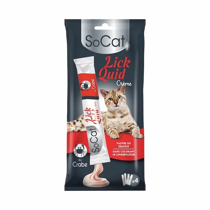 Riga - Socat Lick Quid - Friandises pour Chat - Snack Humide Au Crabe - Crème A Lécher - Vitamines Et Taurine - sans Colorant Ni Conservateur - Faible en Graisses - Récompense Idéale - 4 x 14g